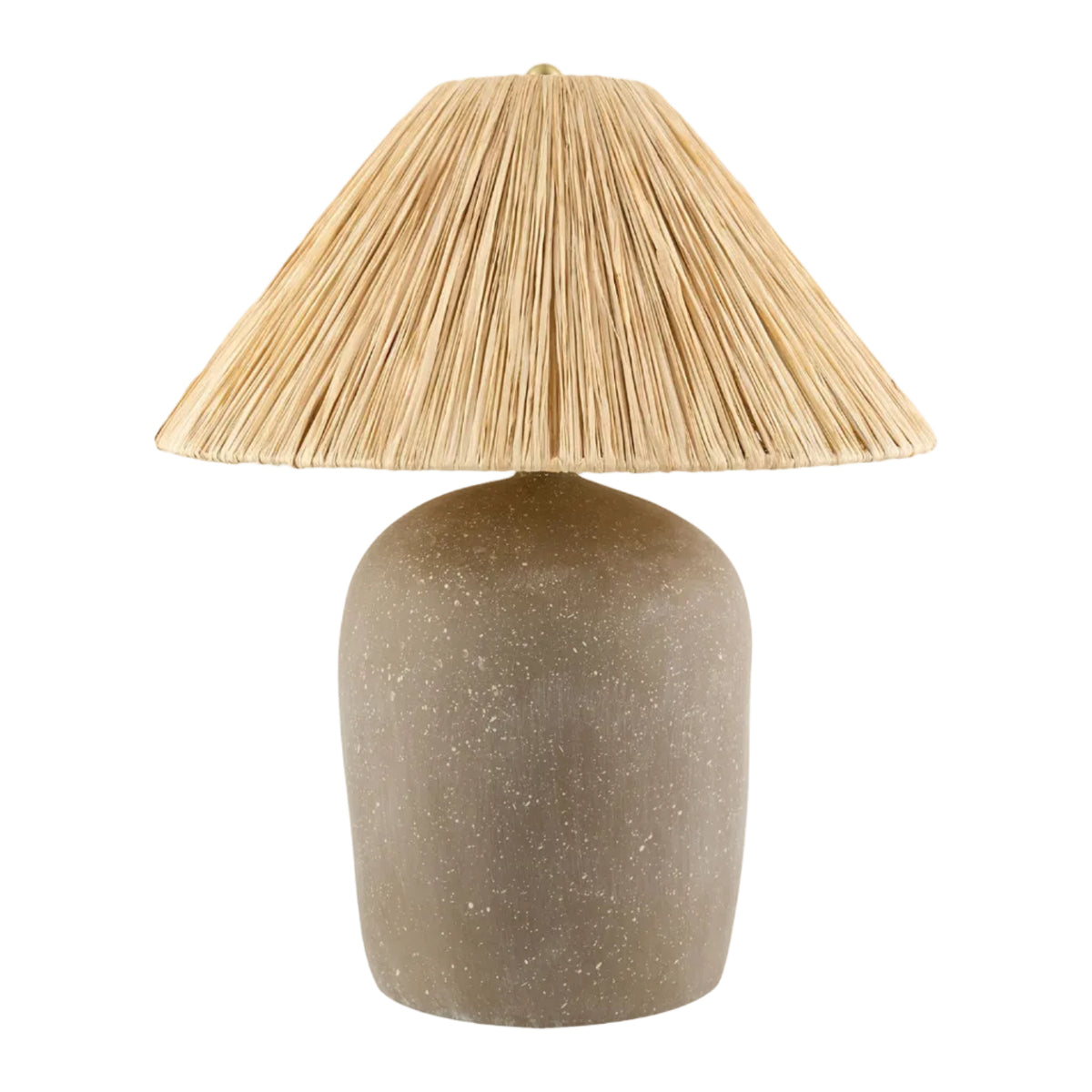 Table lamp with a textured beige base and pleated beige shade on a white background