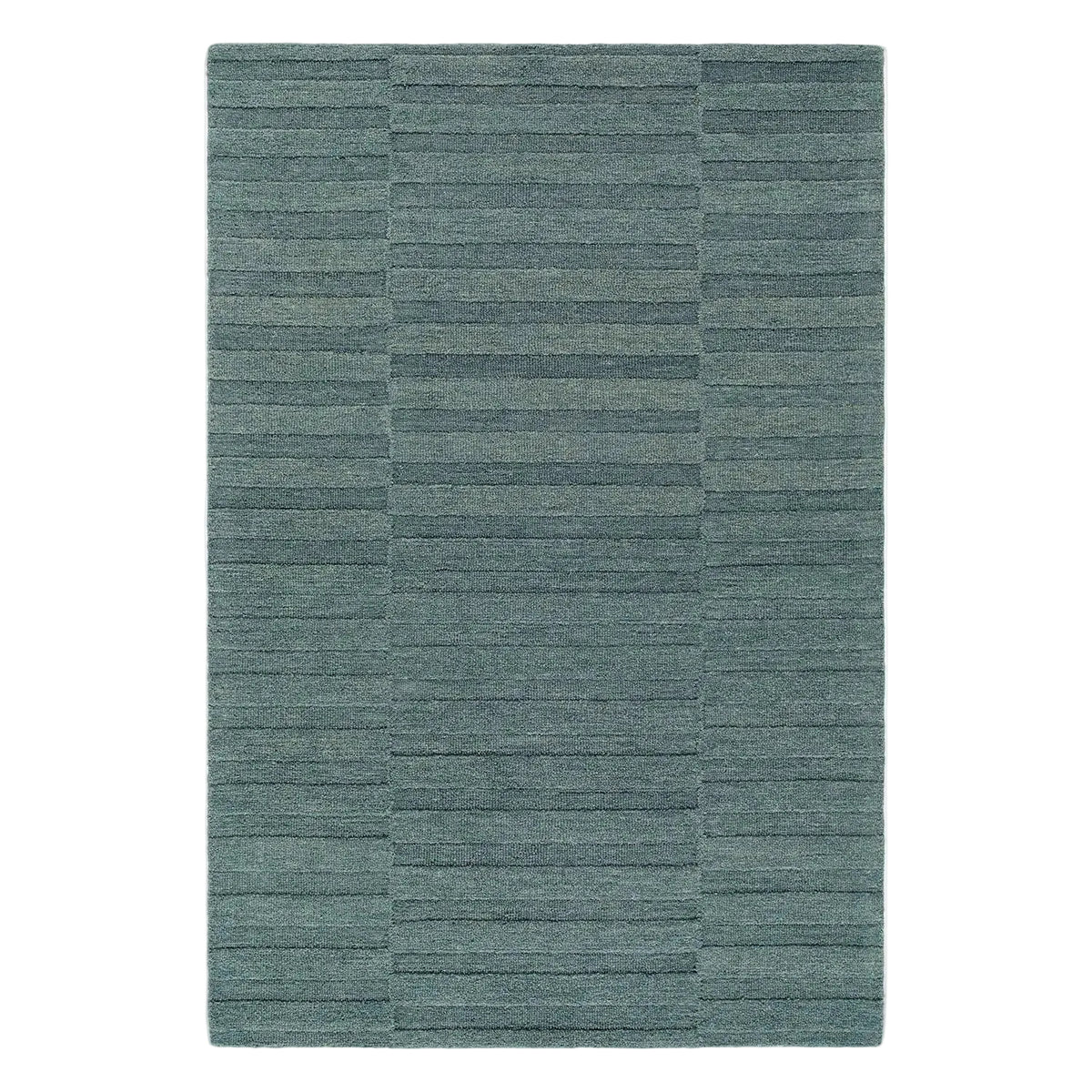 Teal area rug with a striped pattern on a light gray background