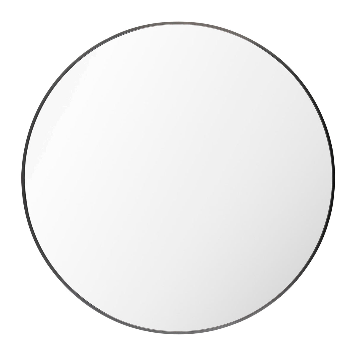 A minimalist round wall mirror with a thin black metal frame, shown against a solid white background.