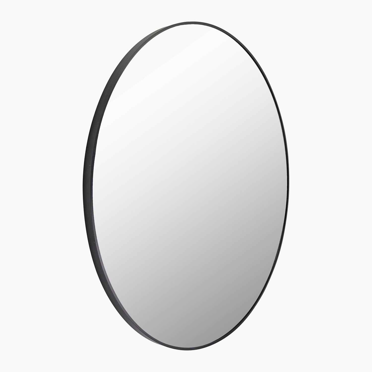 Round mirror with a black frame on a white background