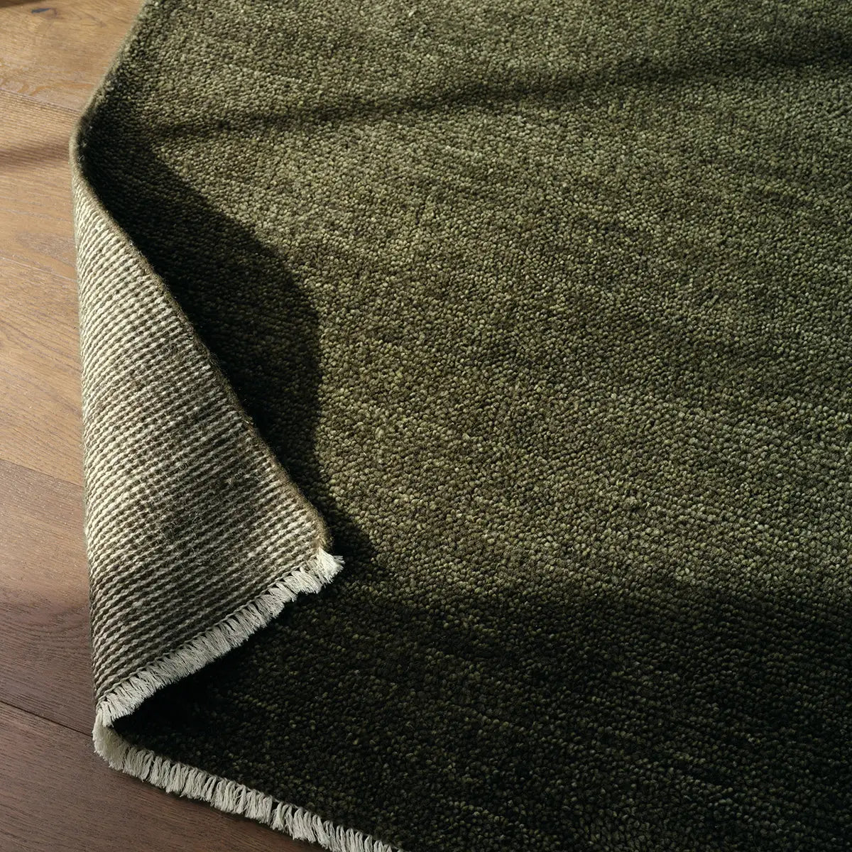 Close-up of a green textured rug corner on a wooden floor