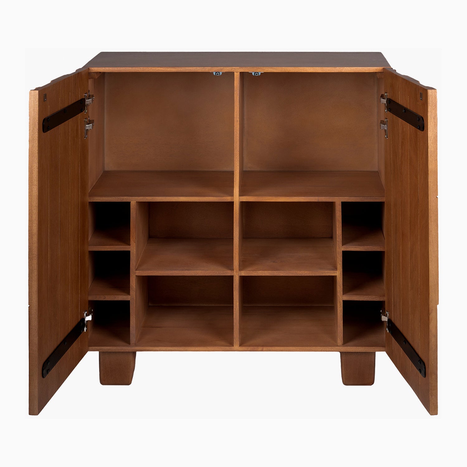 Wooden cabinet with open doors on a white background