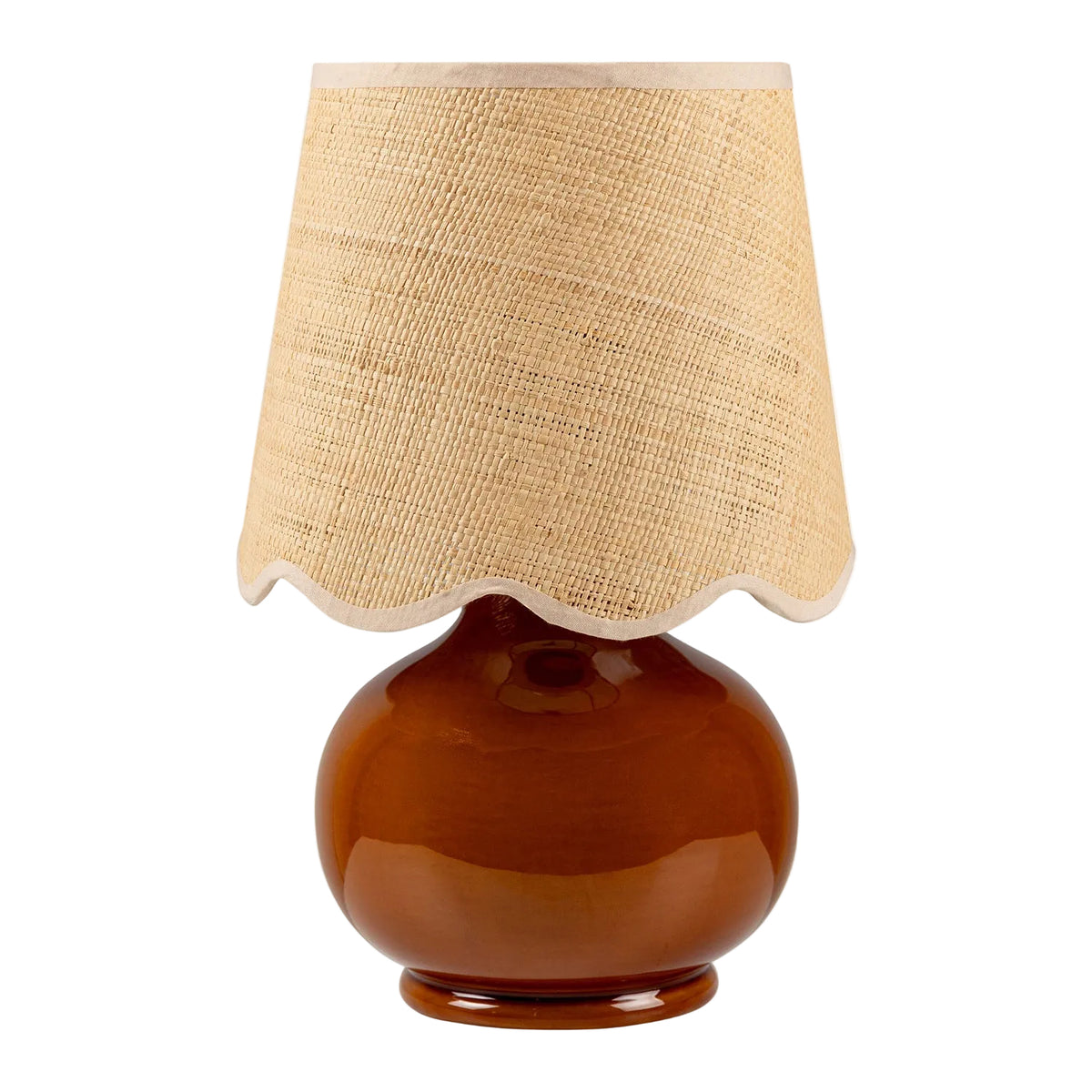 Table lamp with a brown base and beige fabric shade on a white background