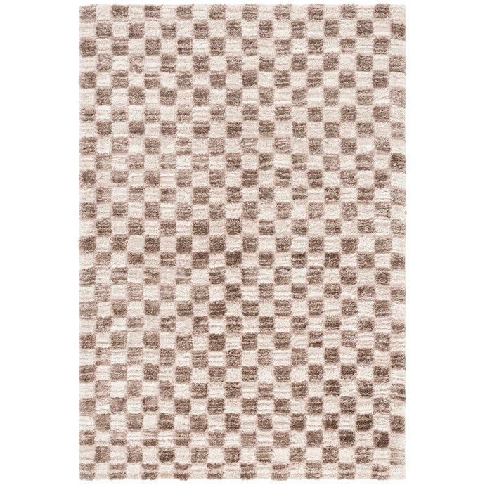 A shaggy area rug with a checkered pattern in ivory and brown tones.