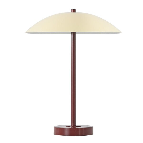 Table lamp with a cream-colored shade and brown base on a white background