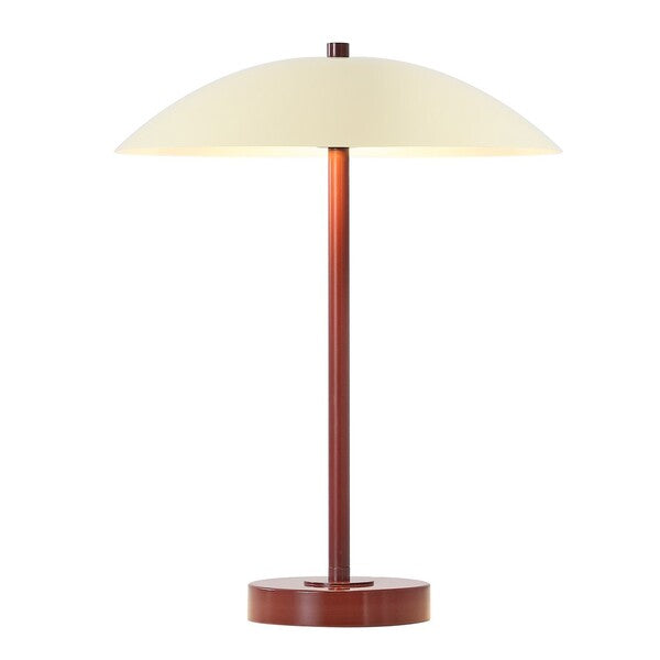 Table lamp with a white shade and brown base on a white background