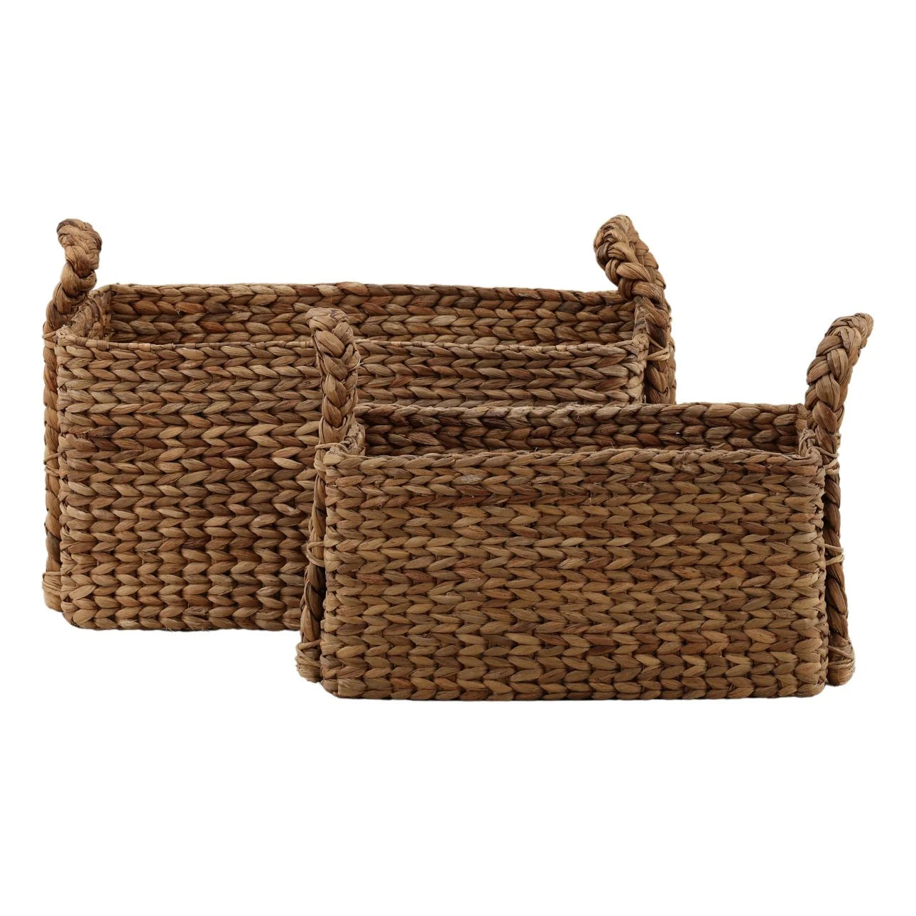 Two woven baskets with handles on a white background