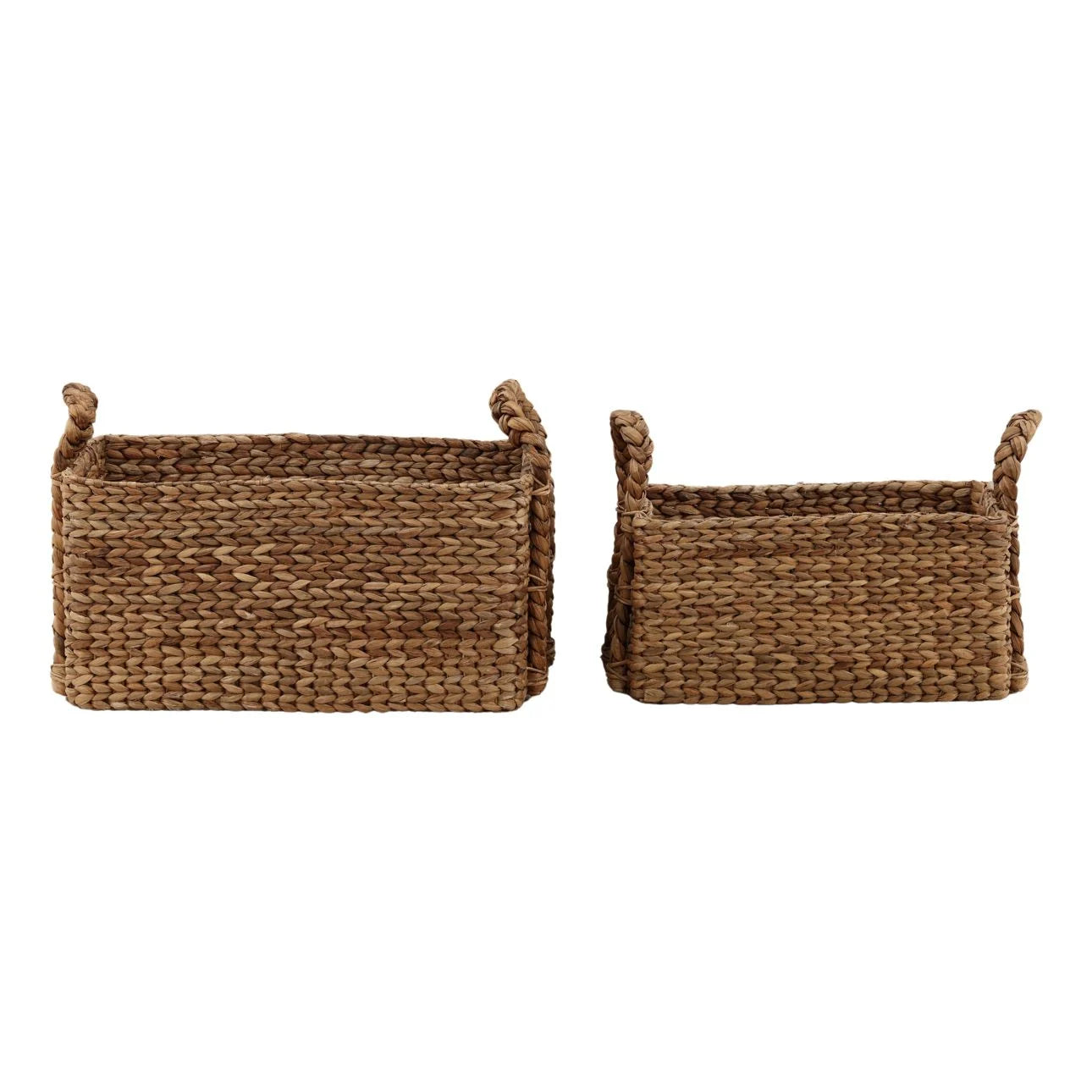 Two woven baskets with handles on a white background
