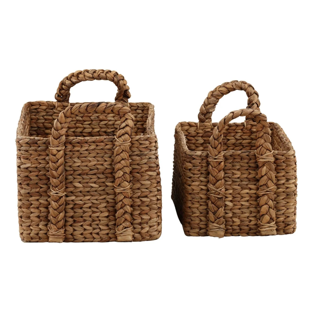 Rectangular woven basket set with handles on a white background