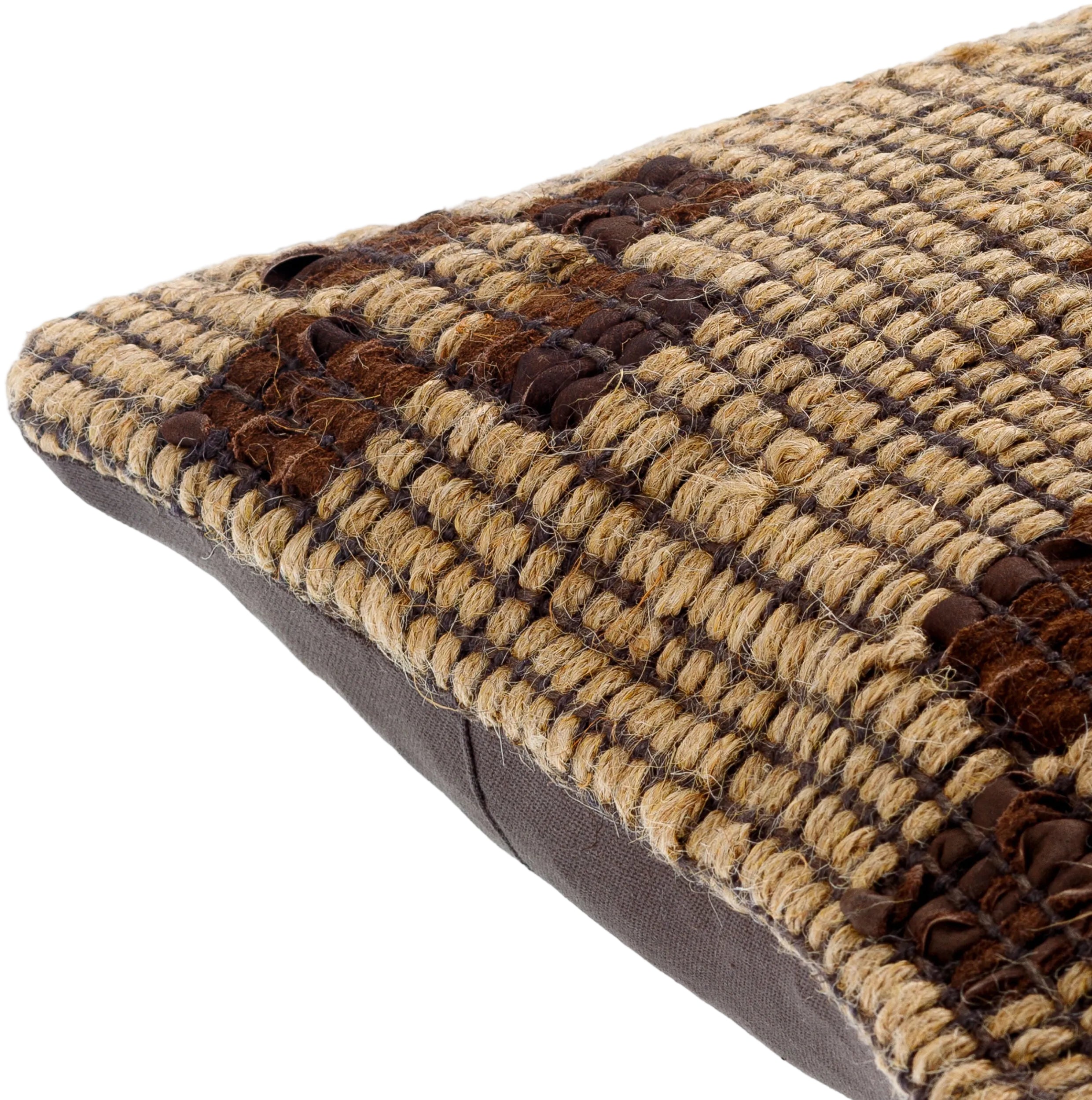 corner detail of a brown and beige jute and leather woven throw pillow