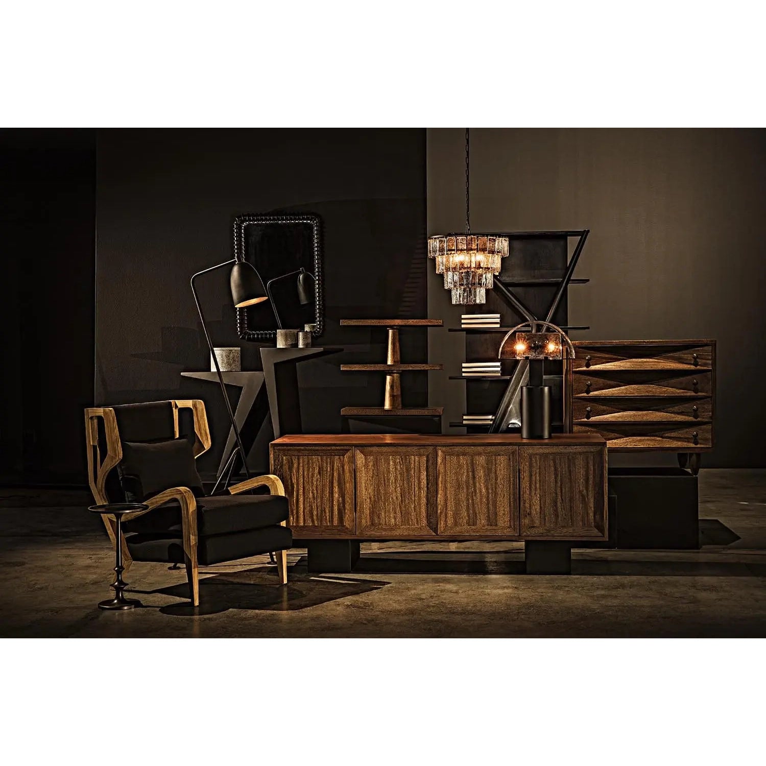 Teak wingback style chair with black cotton upholstery 