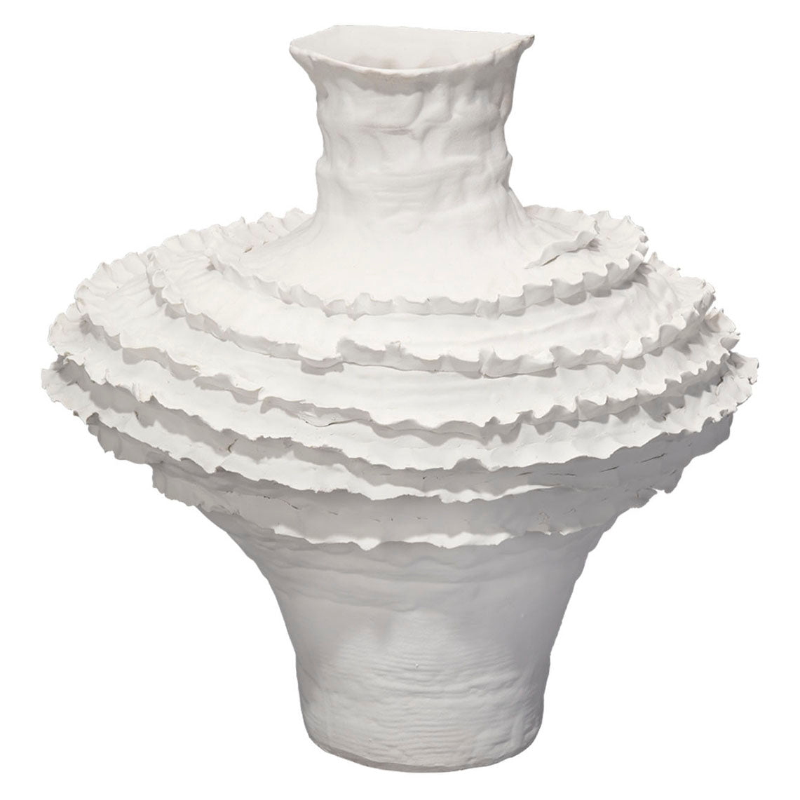 White ceramic vase with layered design on a white background