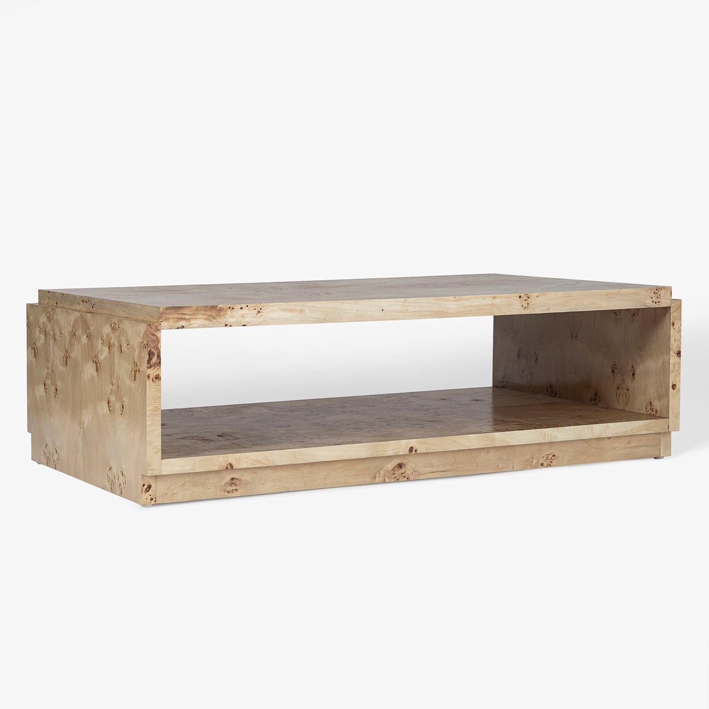 Wooden coffee table with light burl finish on a white background