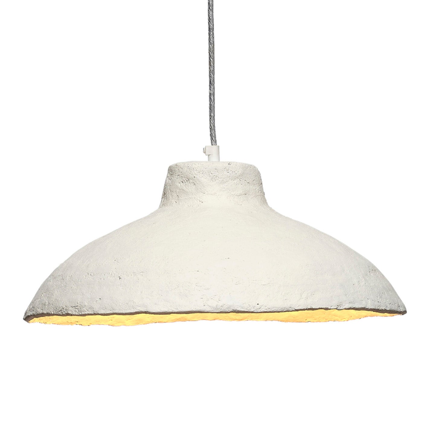Pendant light with textured white shade and yellow interior on a white background