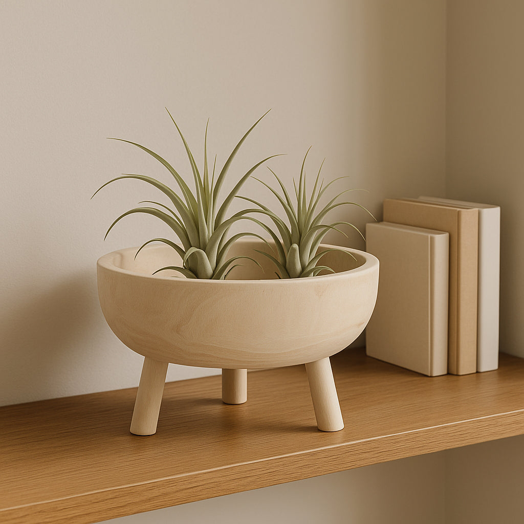 Beige ceramic planter with a plant on a wooden shelf against a beige wall