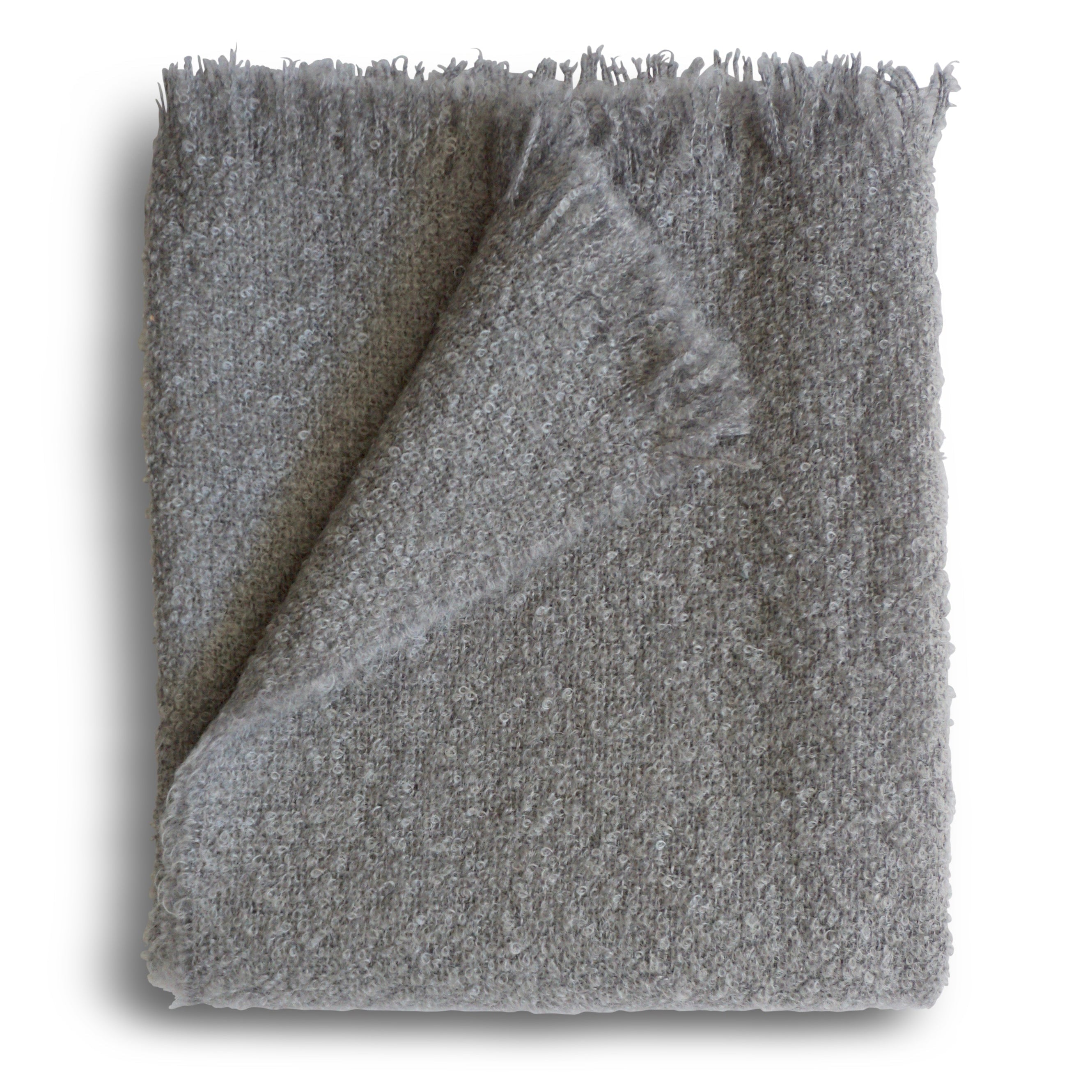 Gray textured blanket with frayed edges on a white background