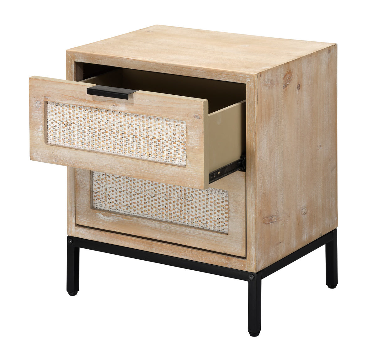 Wooden side table with a drawer featuring wicker-style panels on a white background