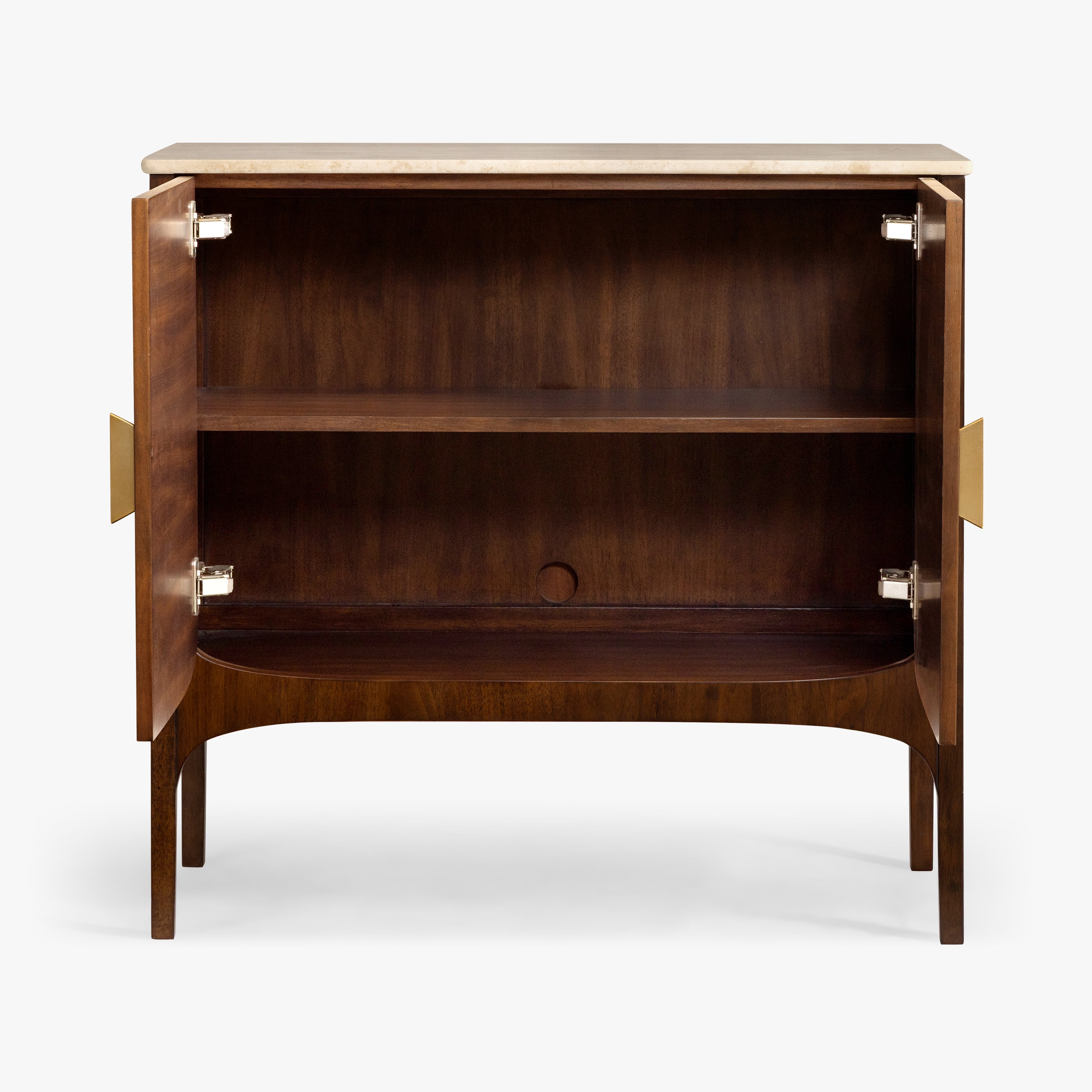 A mid-century modern wooden cabinet with a dark brown wood finish, featuring two open doors with brass handles, a single interior shelf, and a light beige marble top, shown against a plain white background.