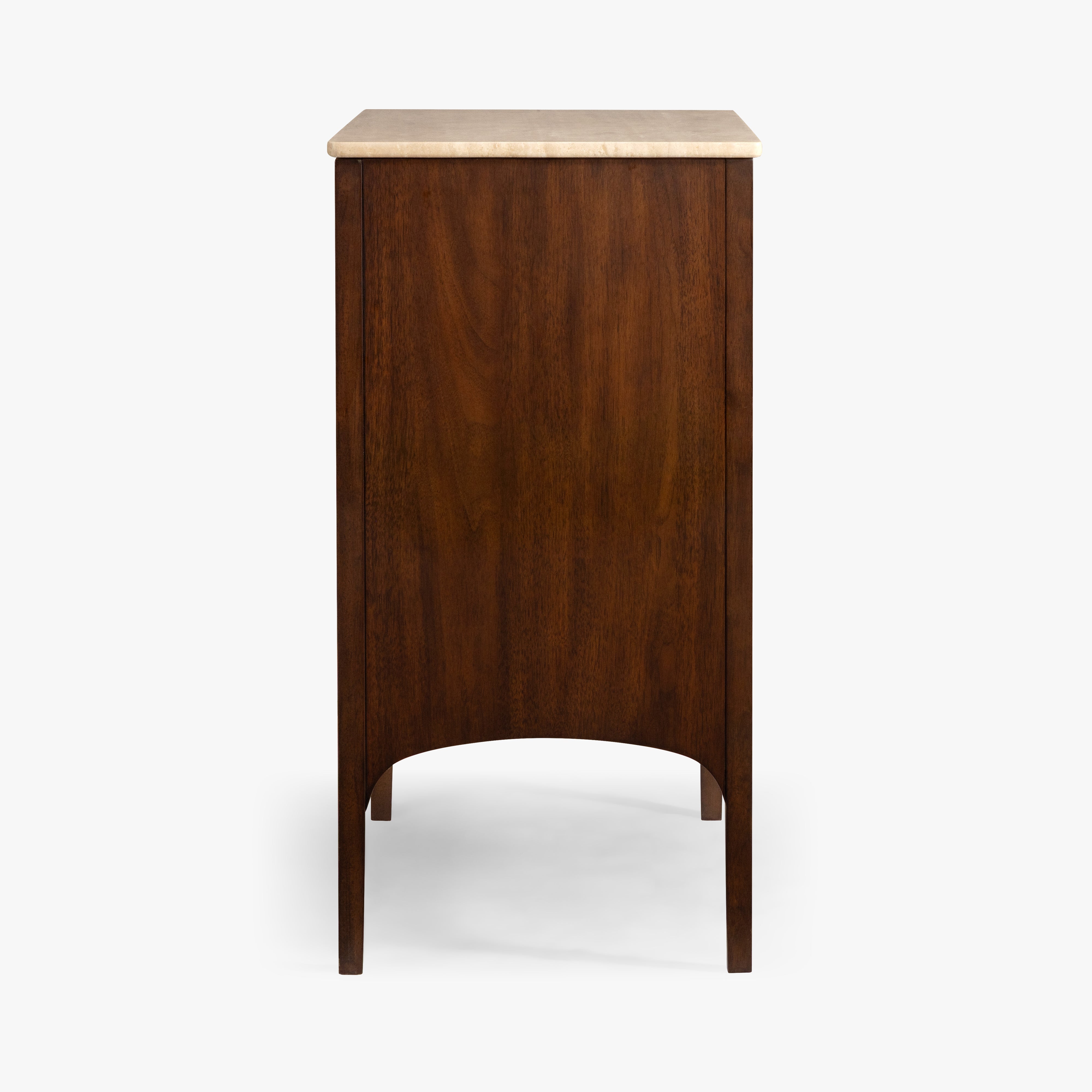 A mid-century modern wooden sideboard or console table with a dark brown walnut finish, a curved apron, and a light beige marble top, shown against a plain white background.
