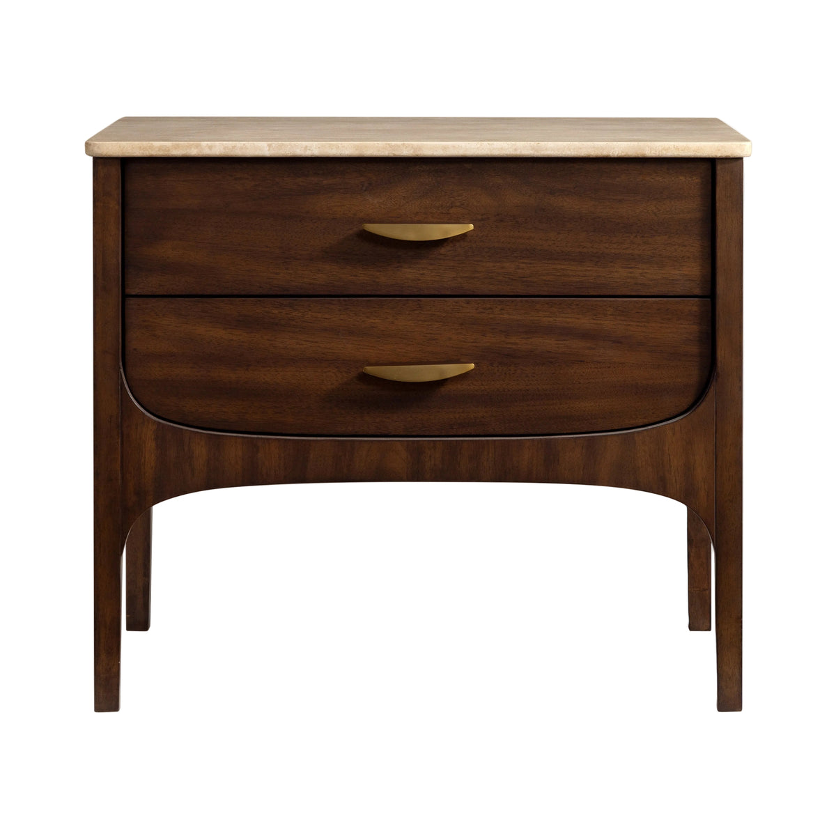 Wooden nightstand with two drawers on a white background