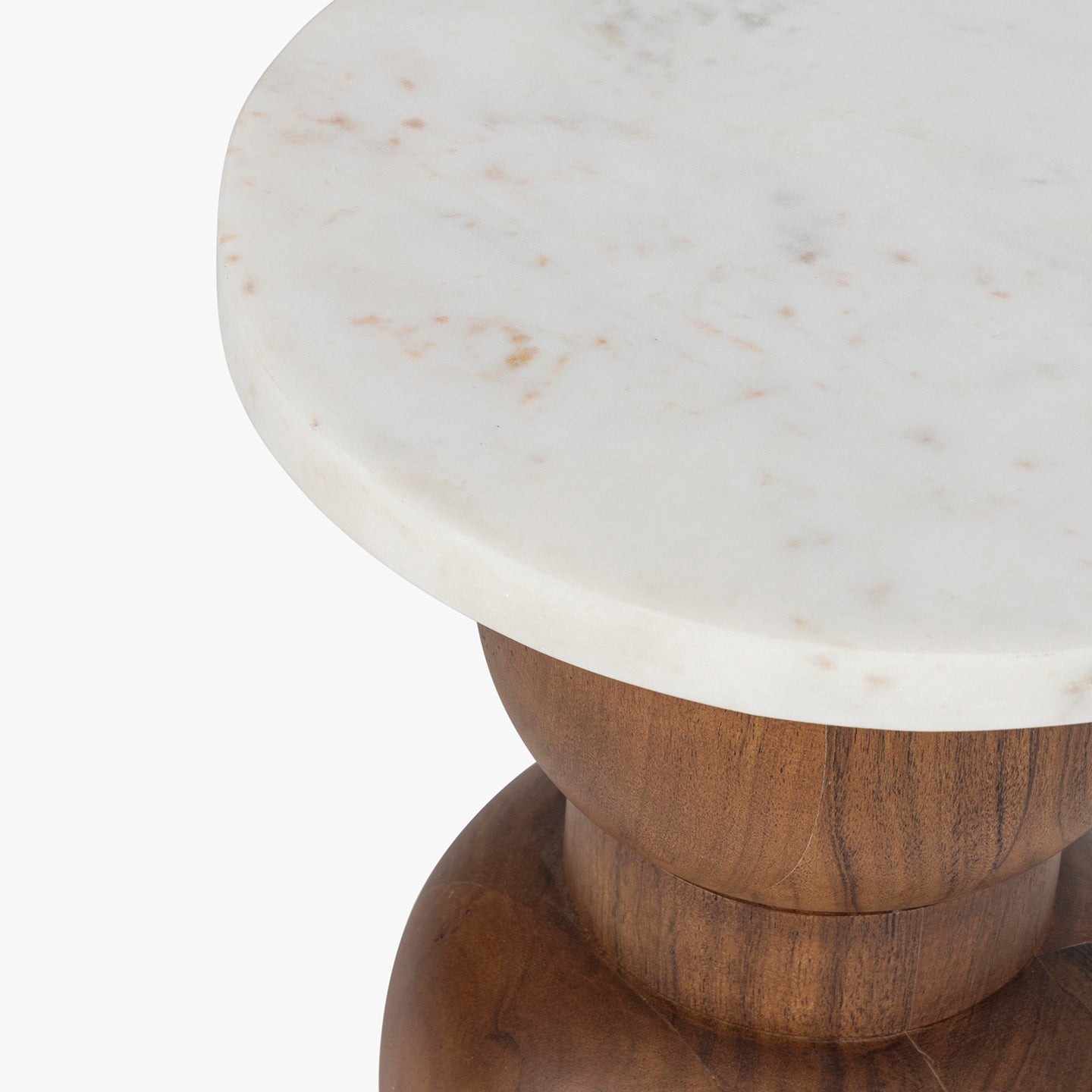 Round marble table with wooden base on a white background