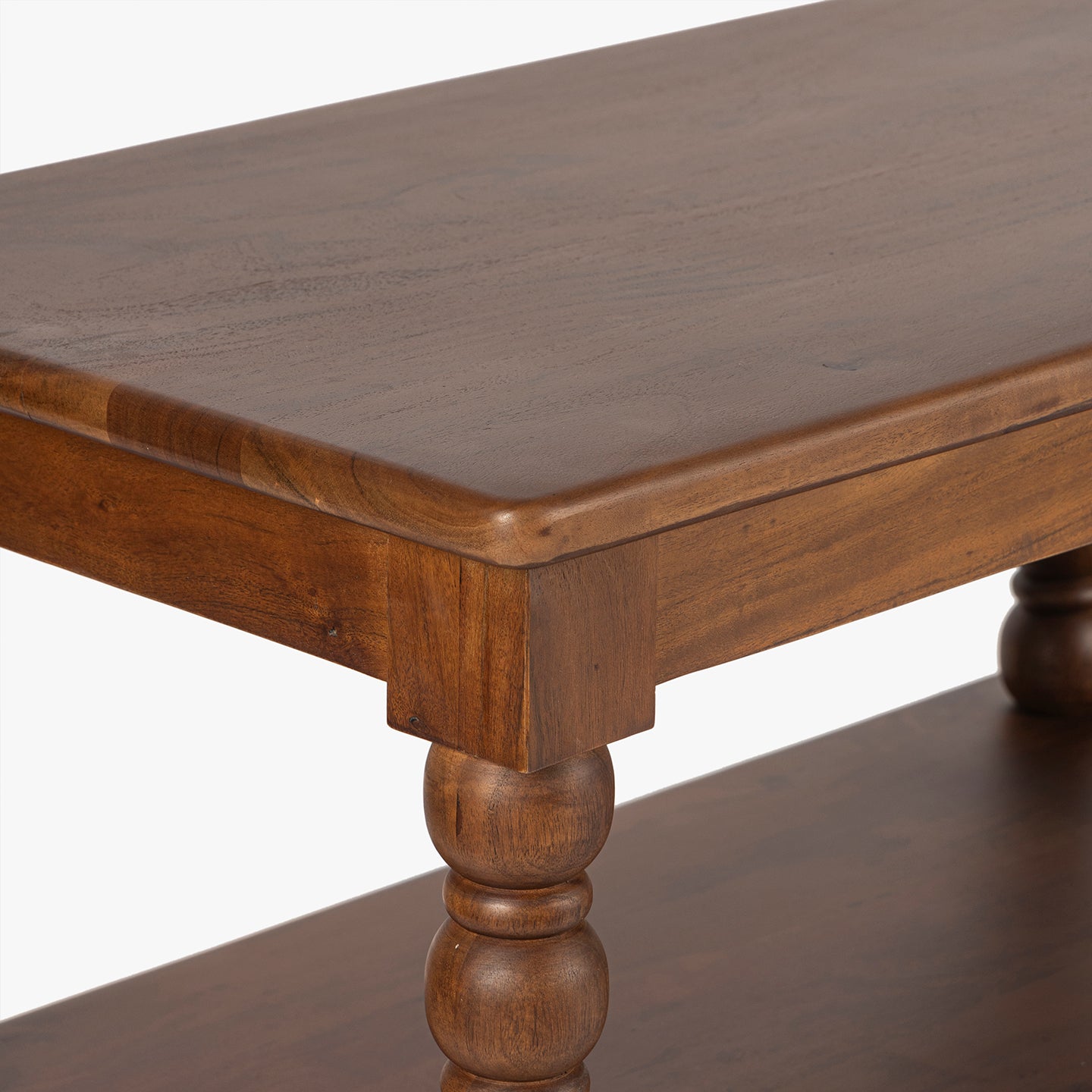Wooden table with a dark brown finish on a white background