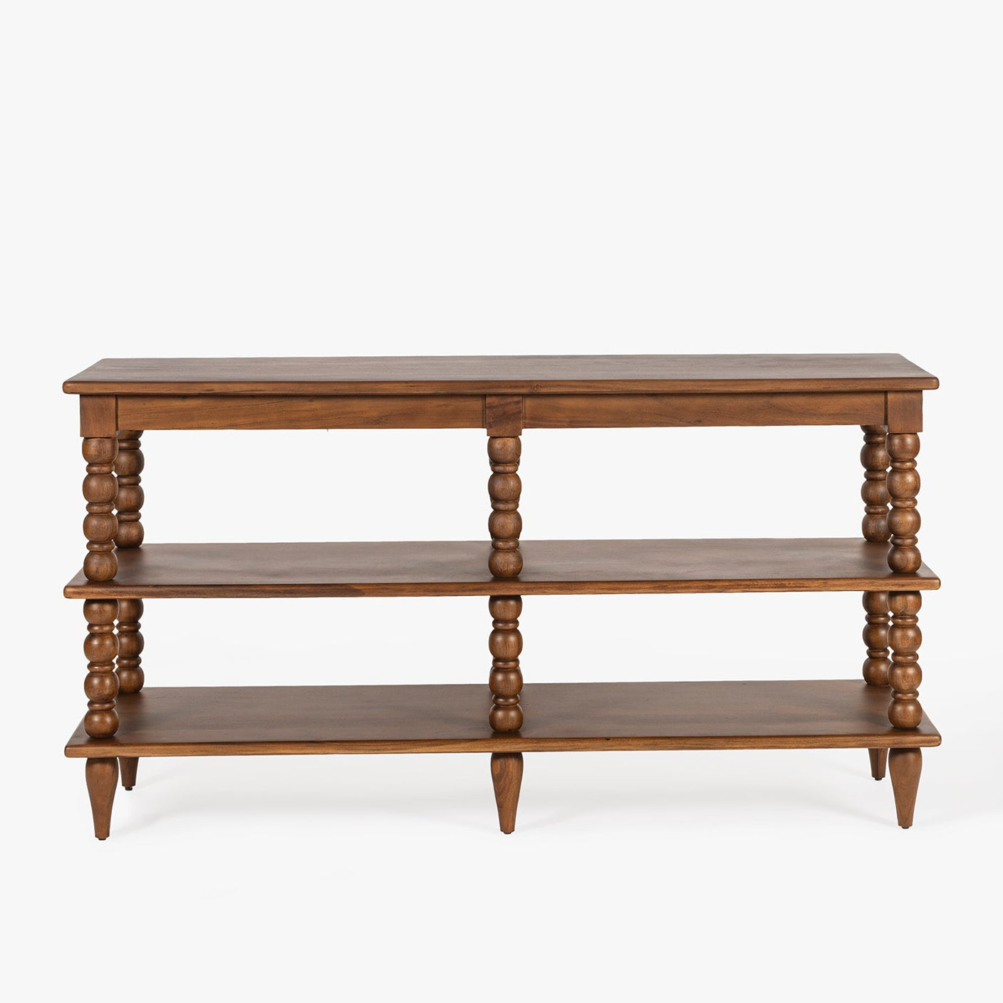 Wooden console table with three shelves on a white background