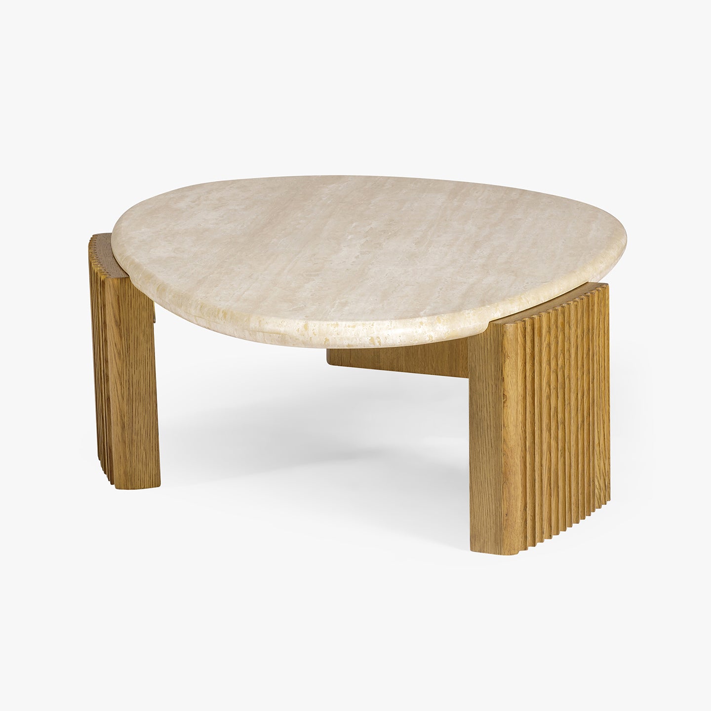 Oval coffee table with stone top and wooden base on a white background