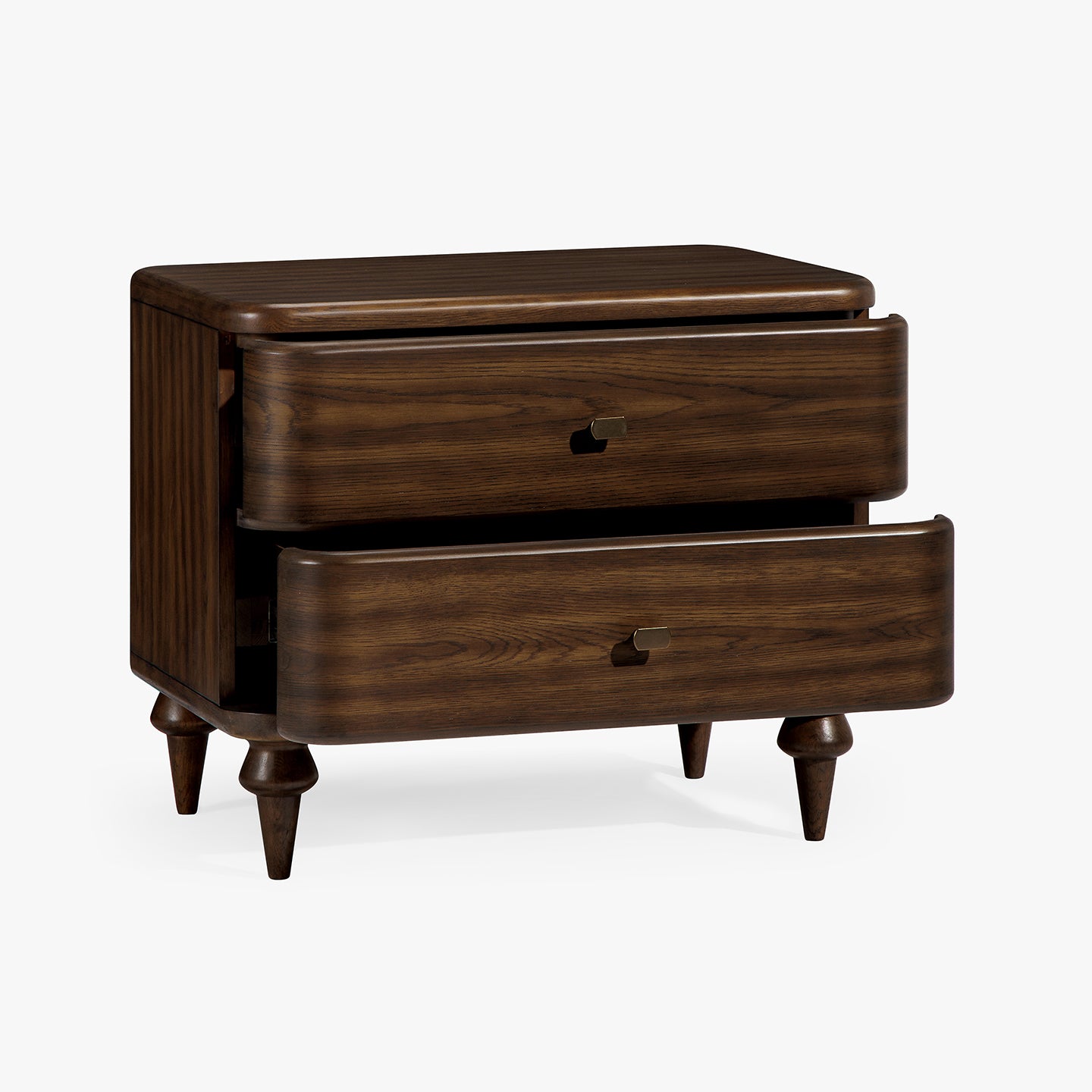 Wooden nightstand with two drawers on a white background