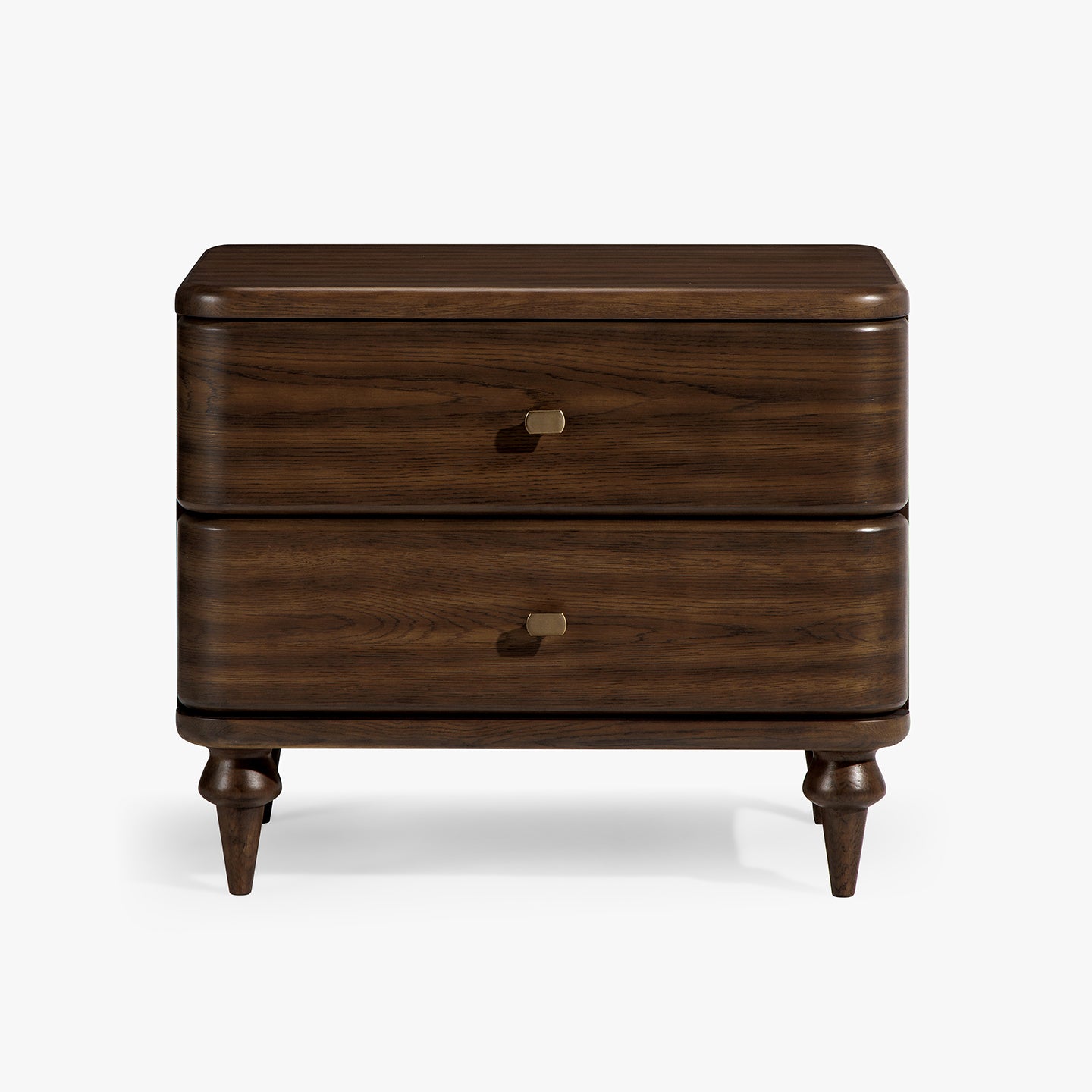 Wooden nightstand with two drawers on a white background
