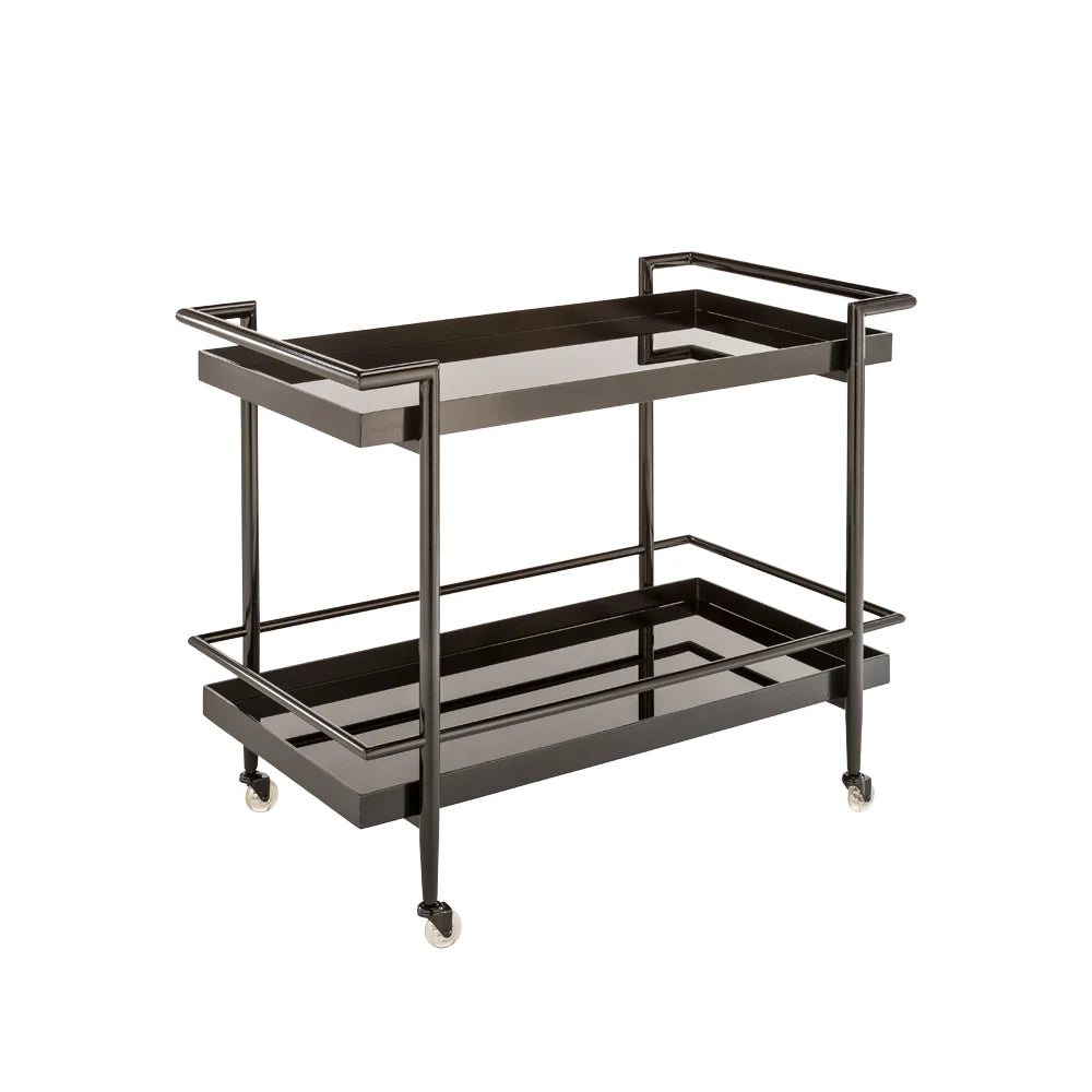 A two-tier bar cart with a glossy black frame and glass shelves, shown on a plain white background.
