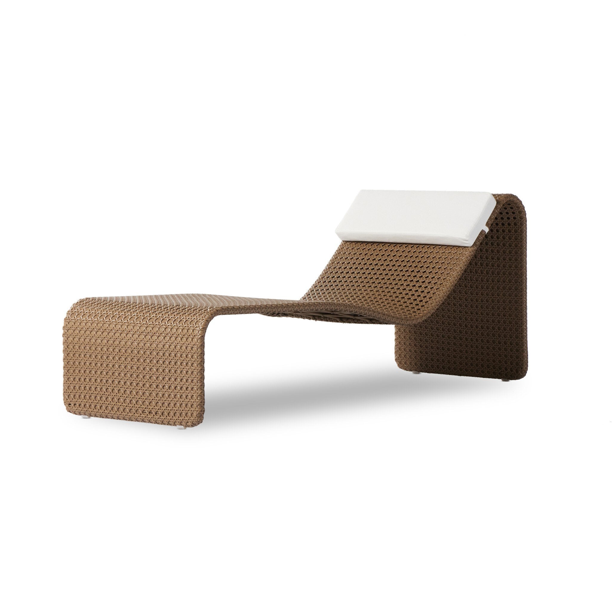 Brown woven lounge chair with a white cushion on a white background