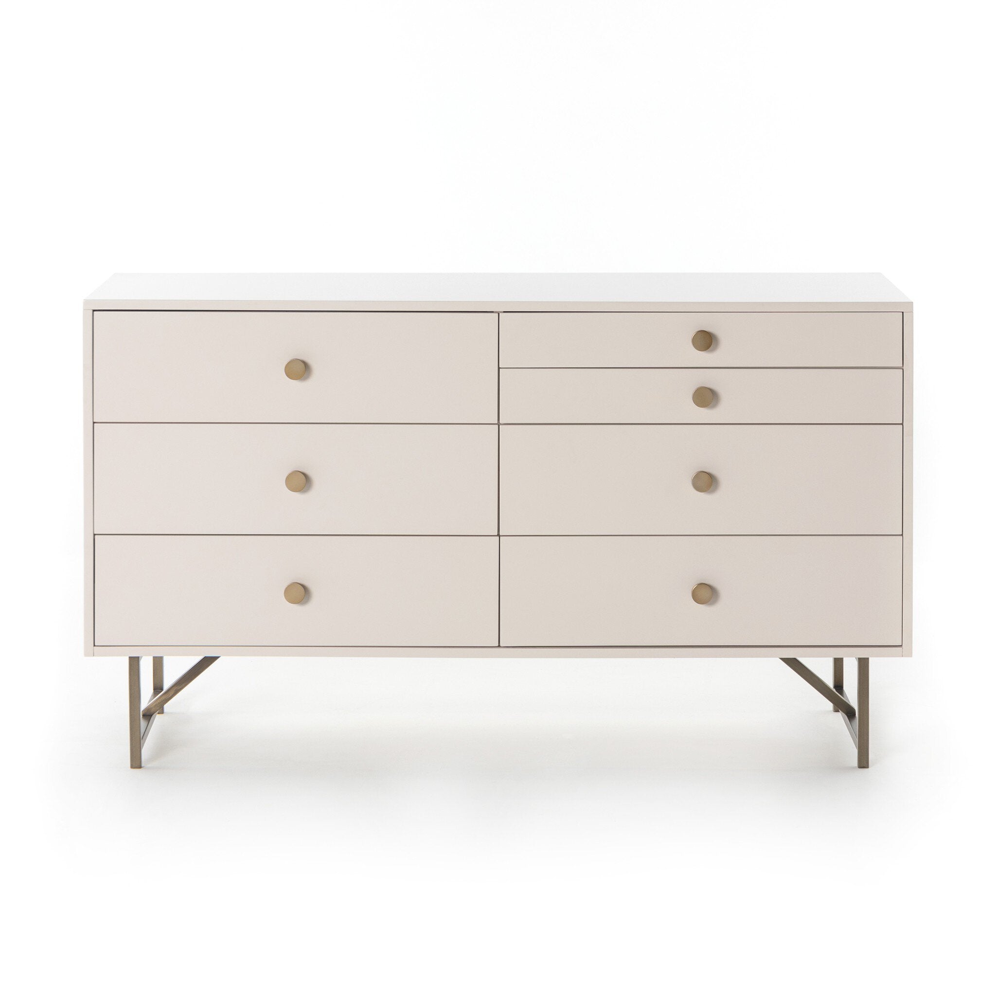 Off-white engineered hardwood dresser with 7 drawers and aged brass hardware