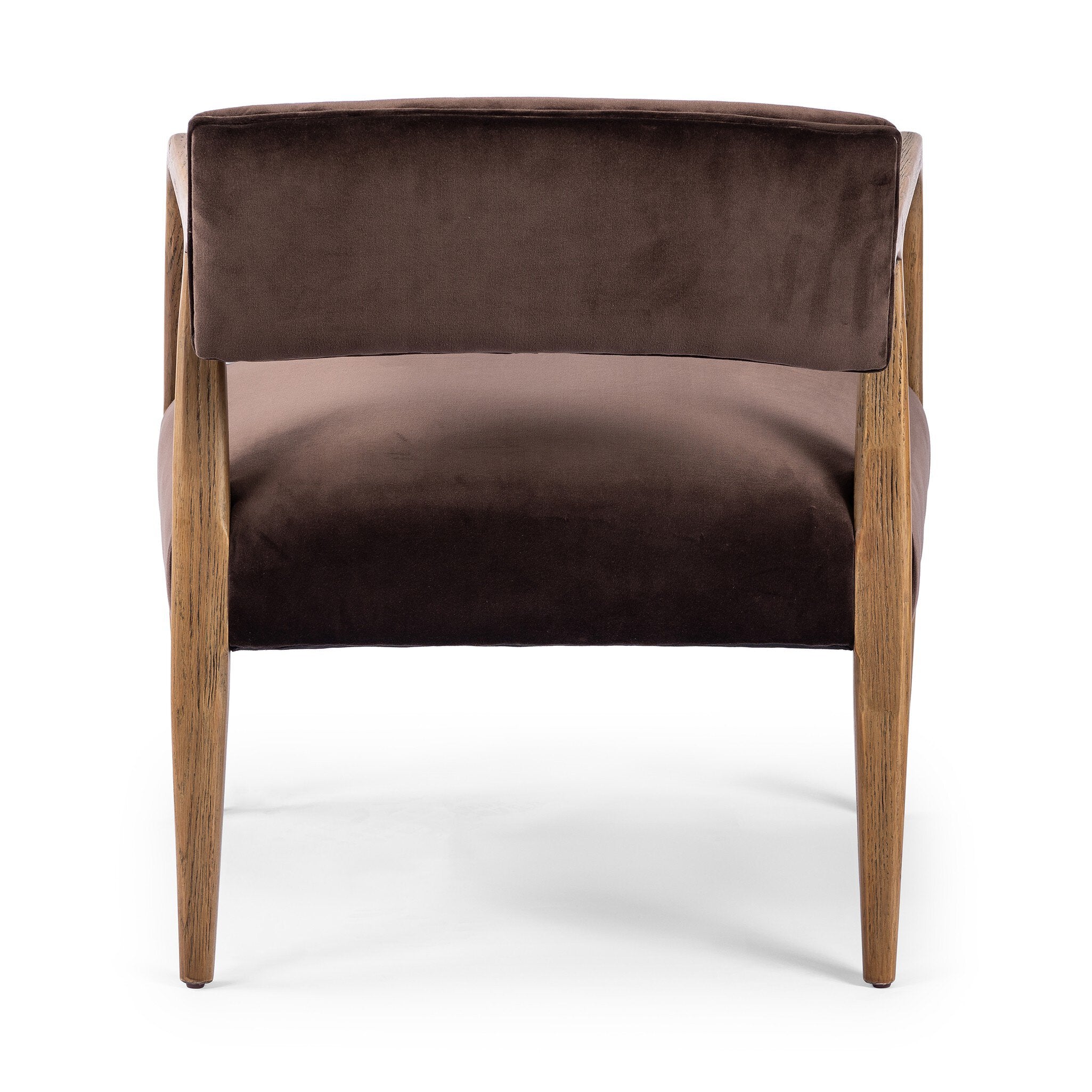 Brown upholstered chair with wooden frame on a white background