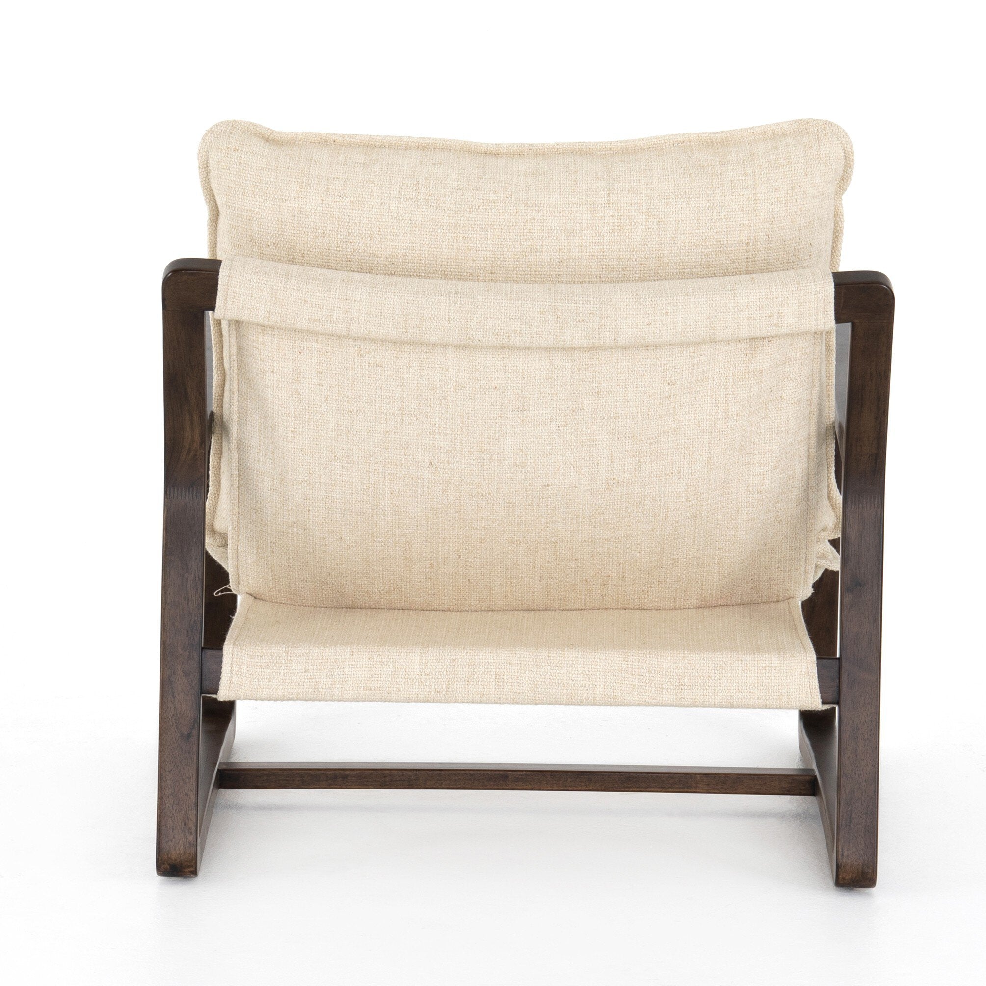 Chair with beige cushion and wooden frame on a white background