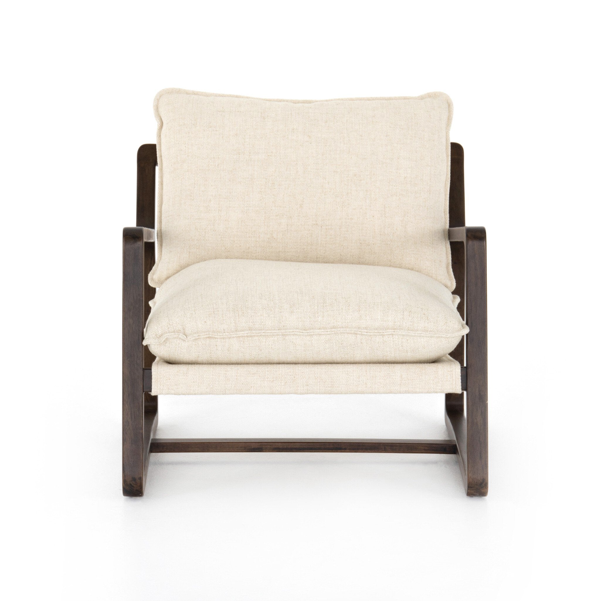 Beige armchair with wooden frame on a white background
