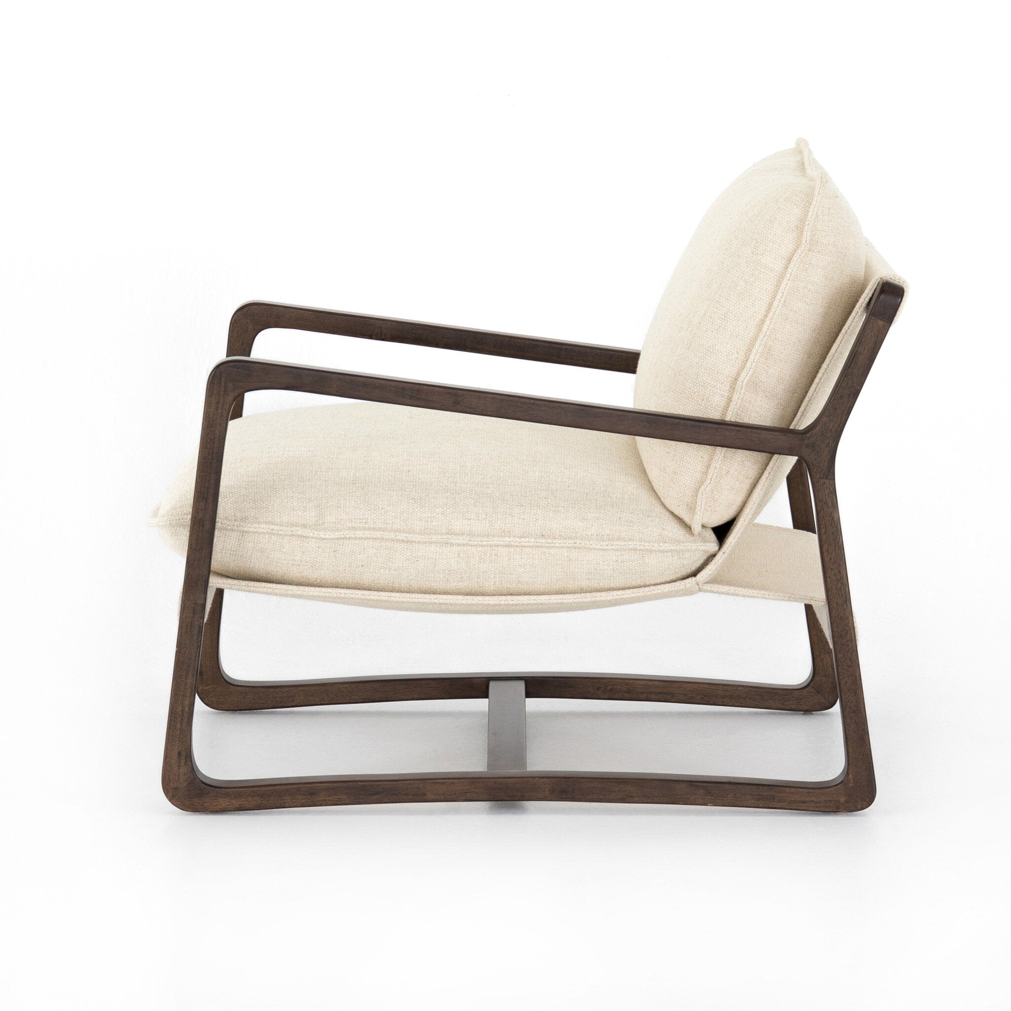 Modern lounge chair with beige cushion and brown frame on a white background