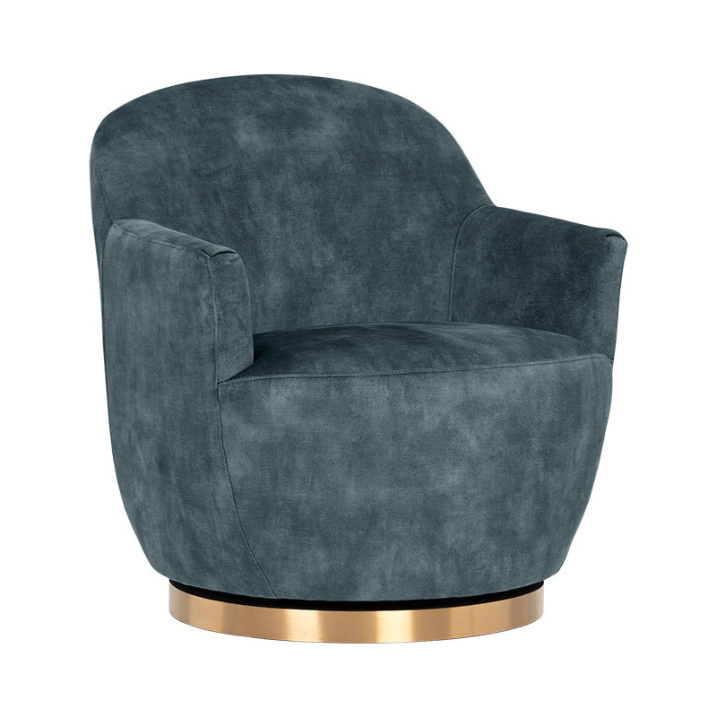 A modern barrel-style accent chair upholstered in textured slate blue velvet with a brushed gold circular metal base, shown against a plain white background.