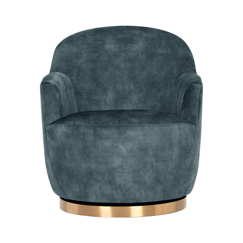 A modern barrel-style accent chair upholstered in textured slate blue velvet with a brushed gold metal base, shown against a plain white background.