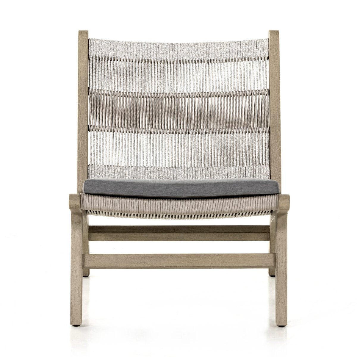 Chair with woven backrest and gray cushion on a white background