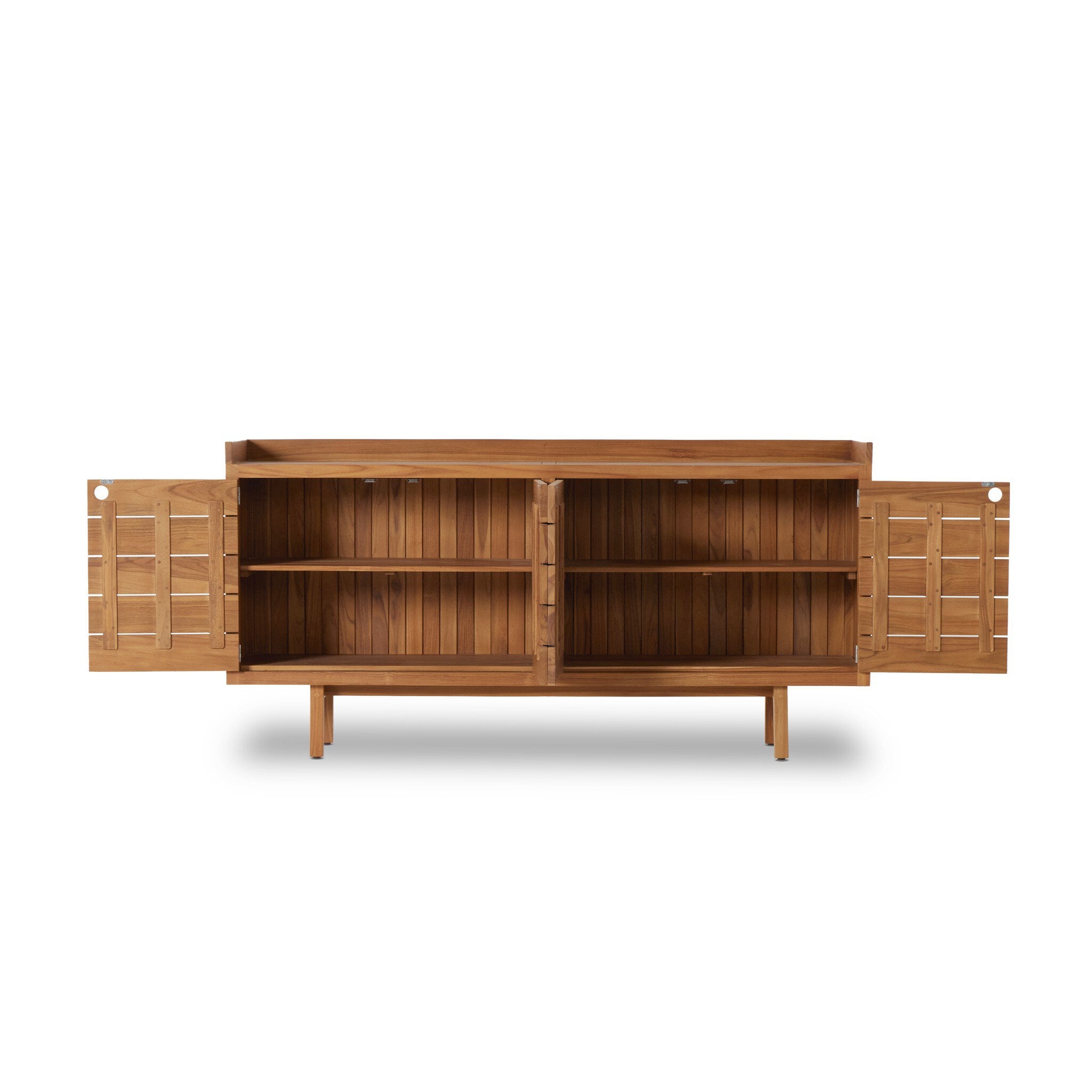 Wooden sideboard with open doors on a white background