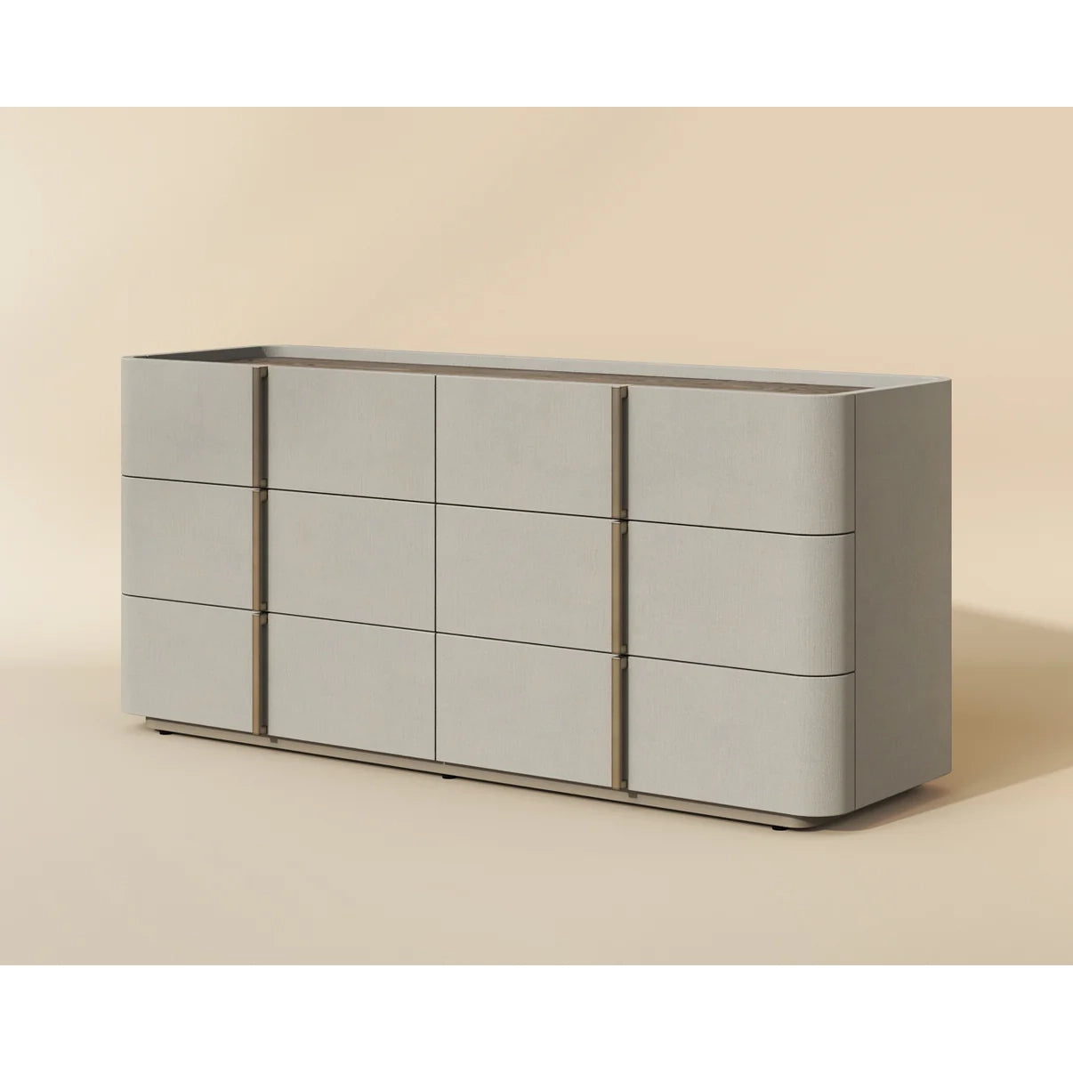 A modern 6-drawer dresser in a light gray textured faux leather finish with slim vertical brushed metal handles, shown on a warm beige studio background
