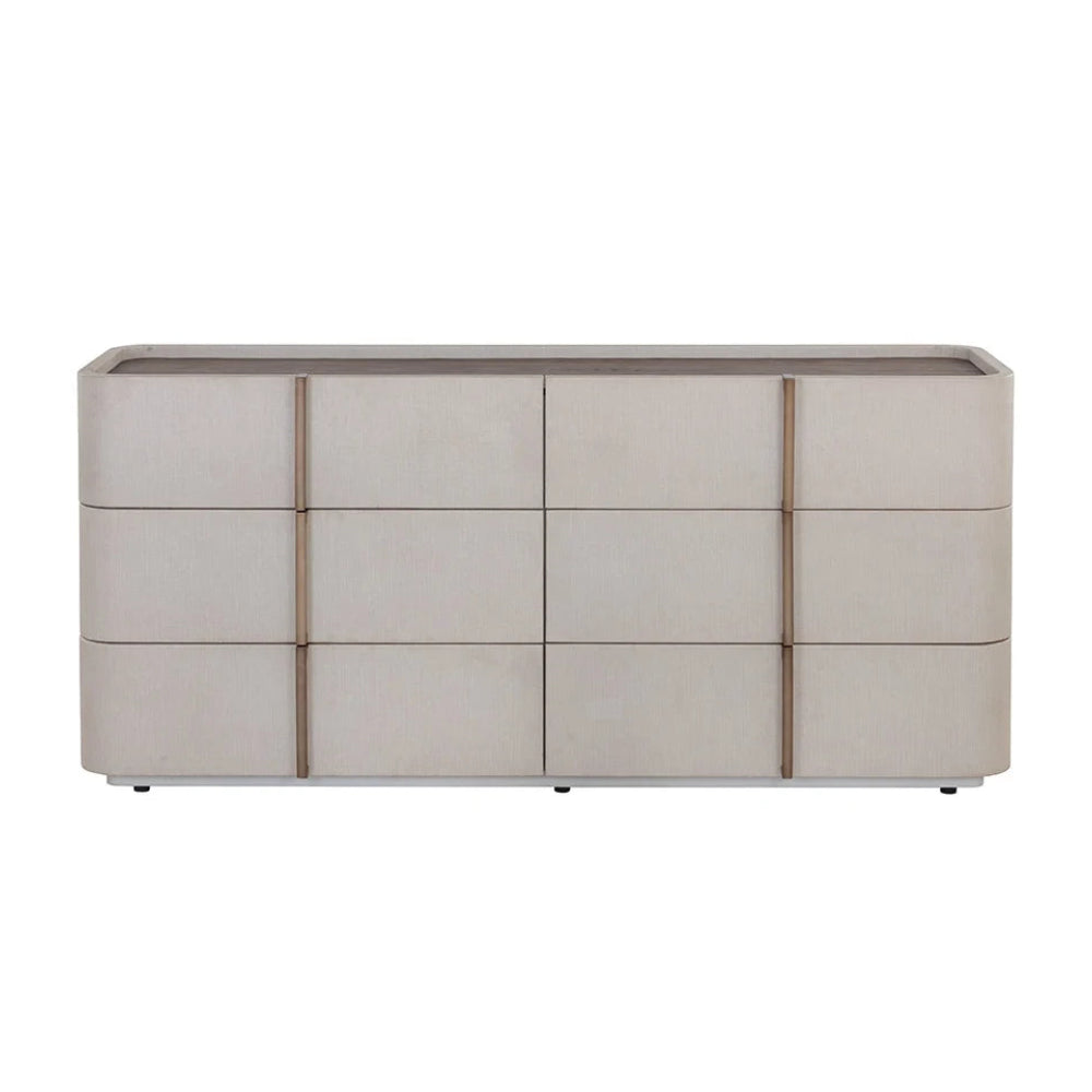 Beige faux leather dresser with wooden frames on a white background