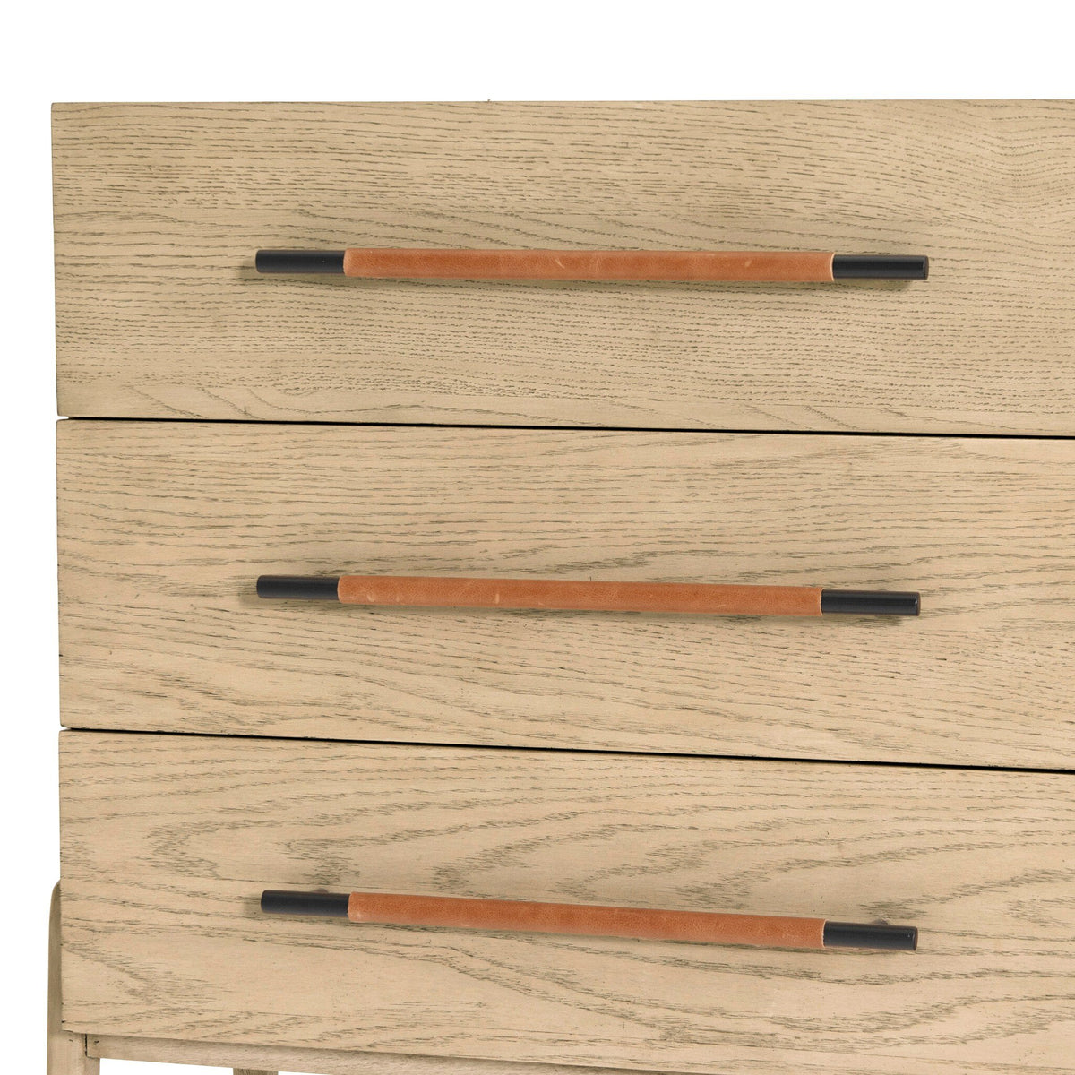 Wooden dresser with three drawers featuring orange handles.