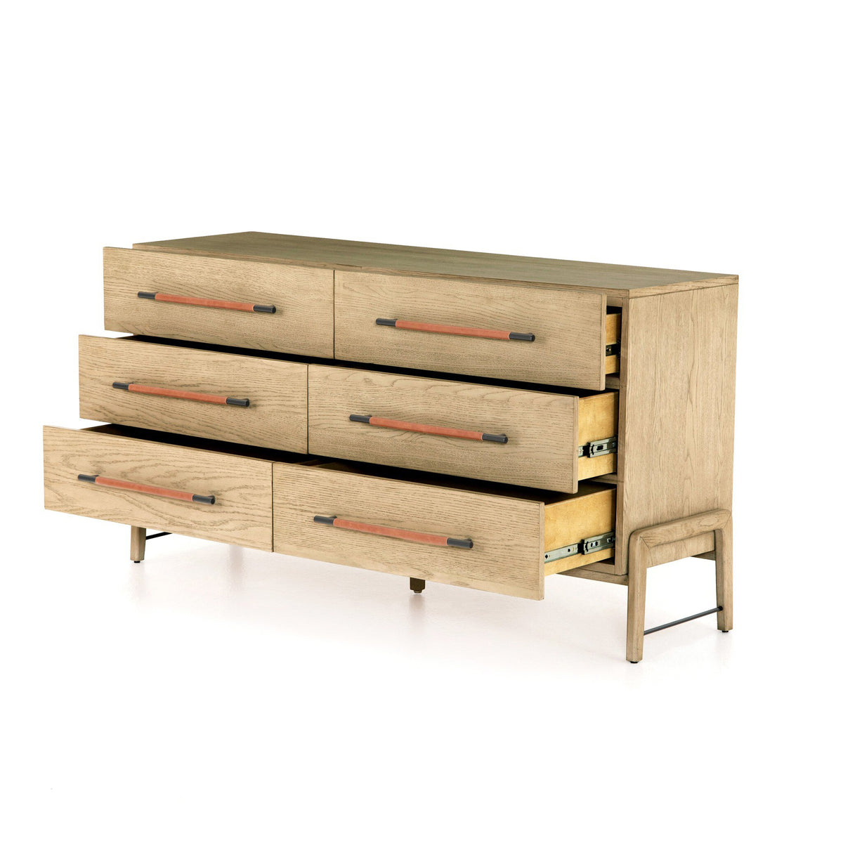 Wooden dresser with six drawers on a white background