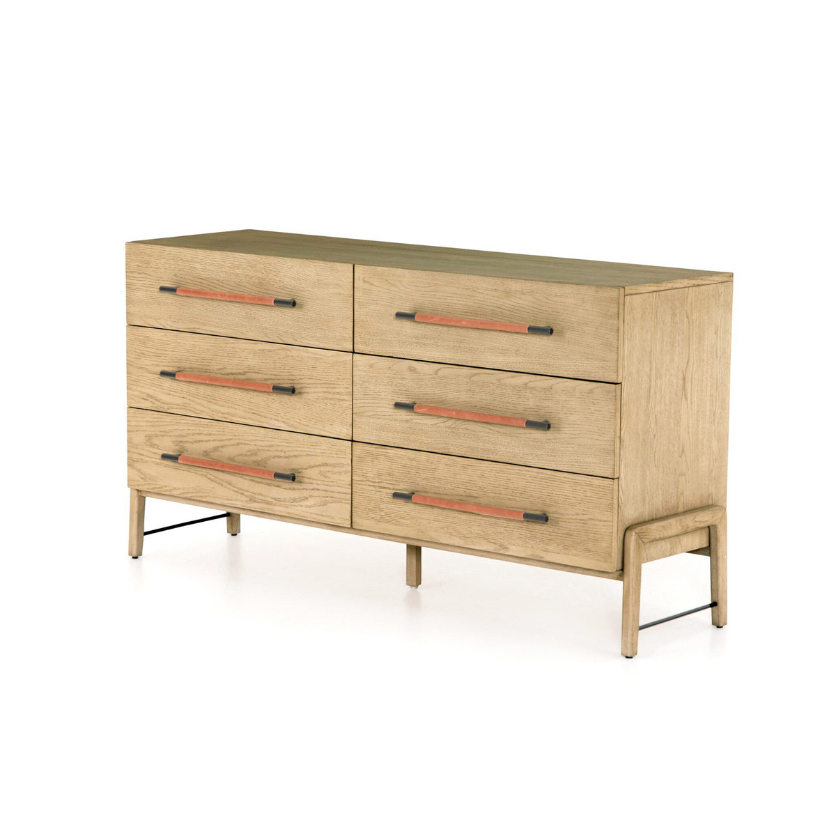 Wooden dresser with six drawers and metal handles on a white background