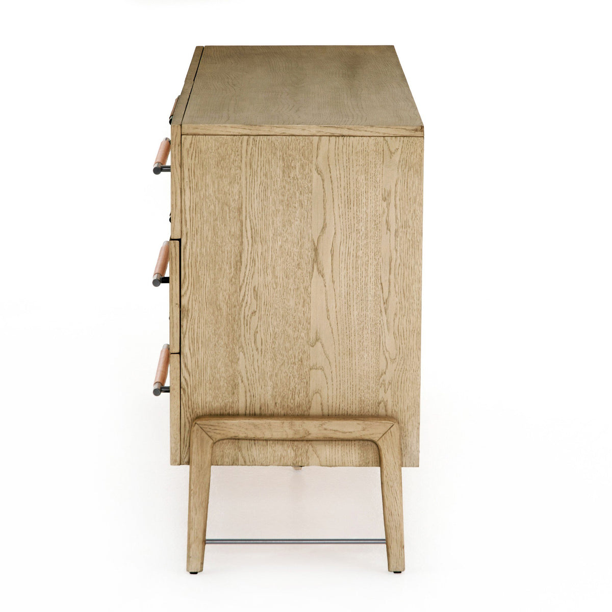 Wooden dresser with multiple drawers on a white background