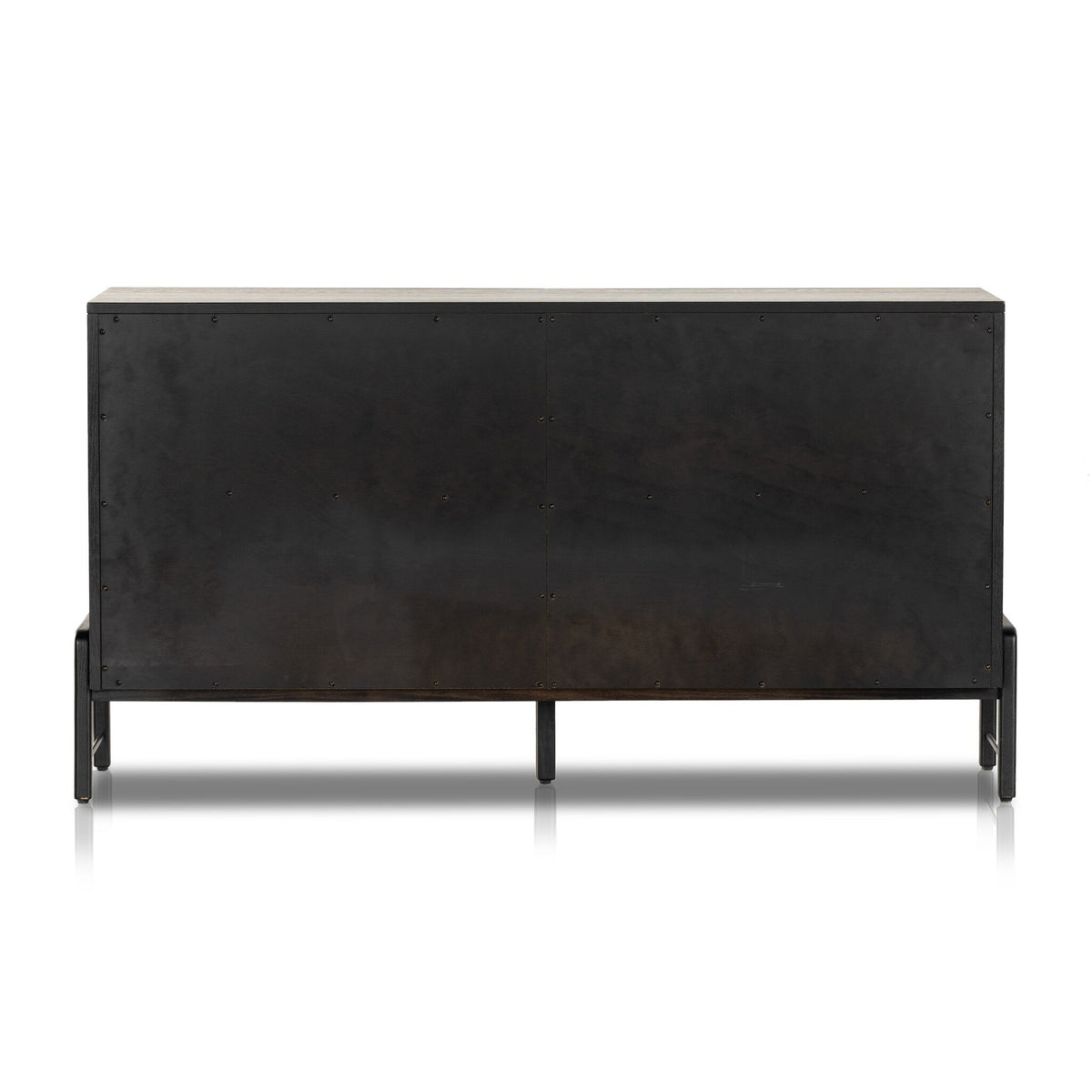 Dark wooden sideboard with metal legs on a white background