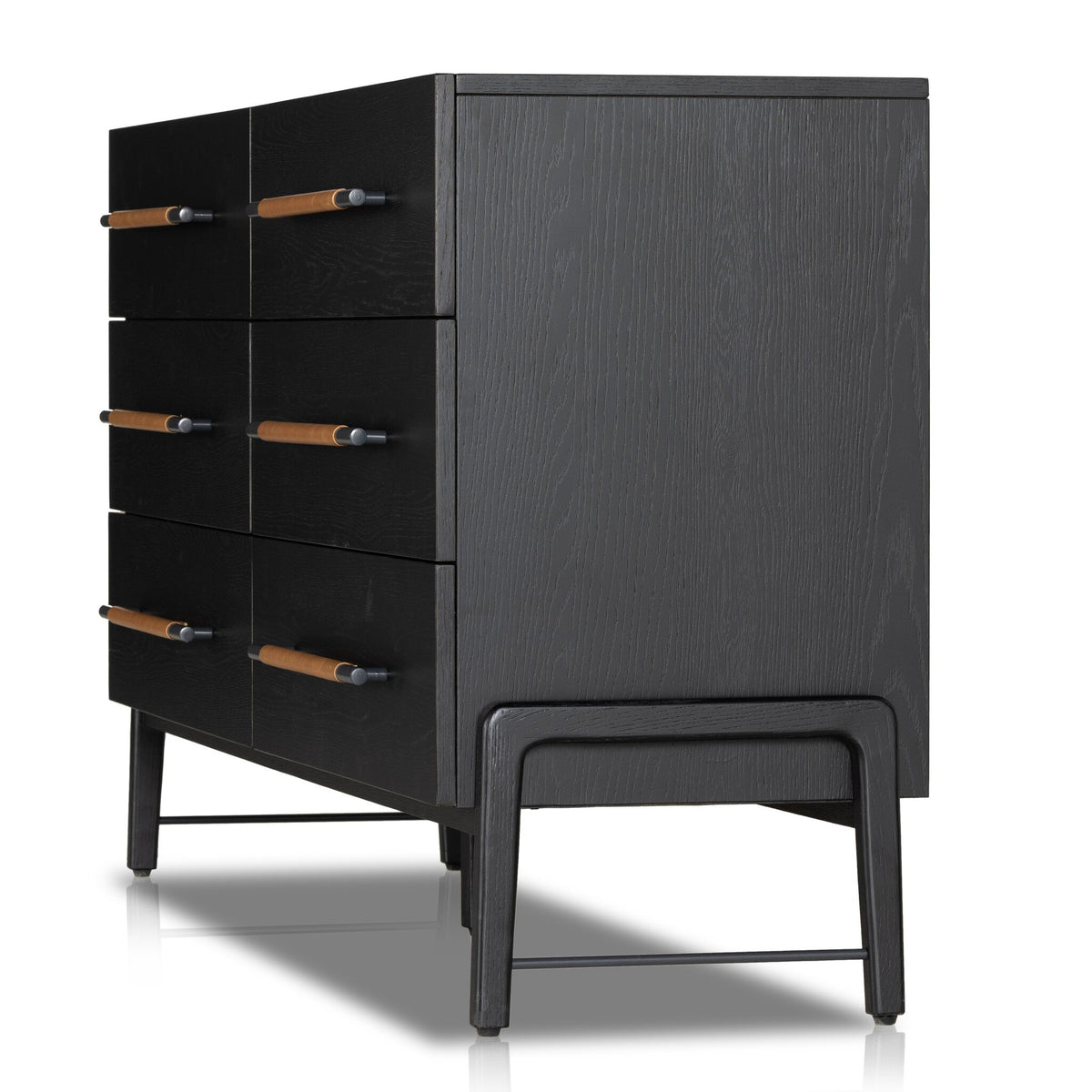 Black dresser with leather wrapped handles on a white background