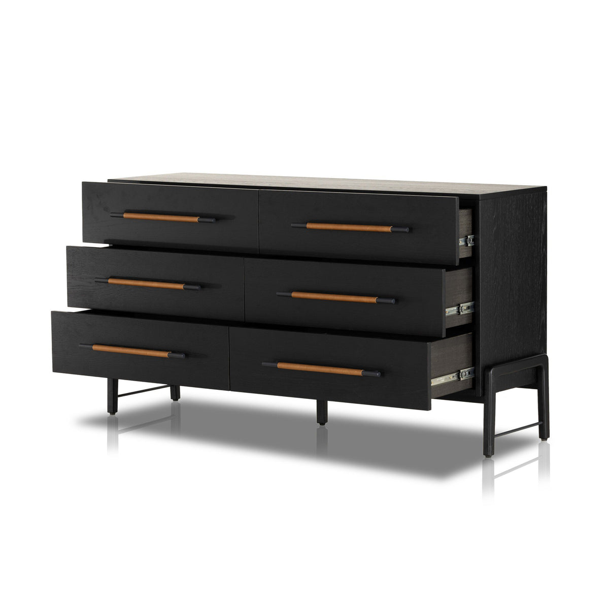 Black dresser with bronze handles on a white background